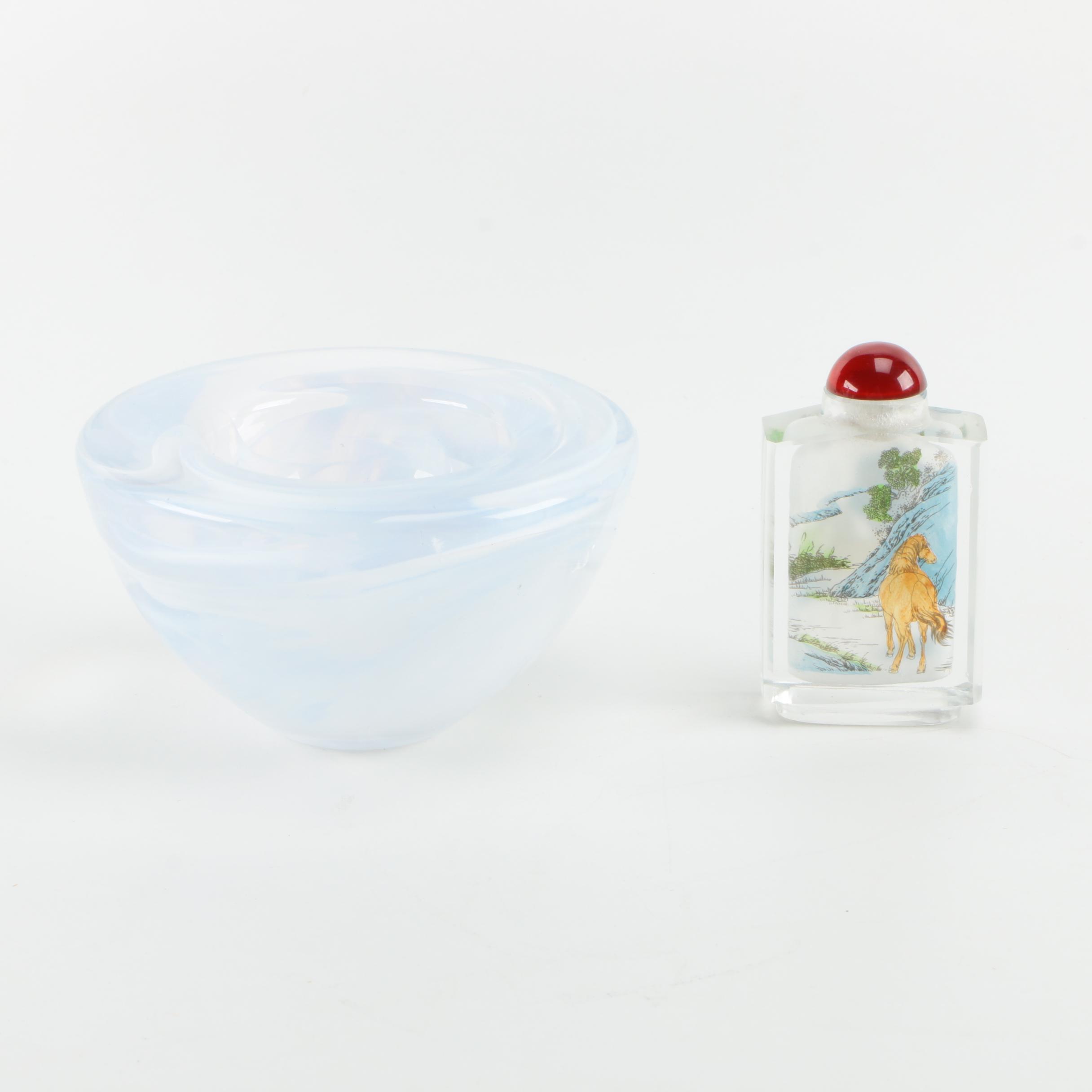 Chinese Glass Snuff Bottle and Kosta Boda "Atoll" Votive Candleholder