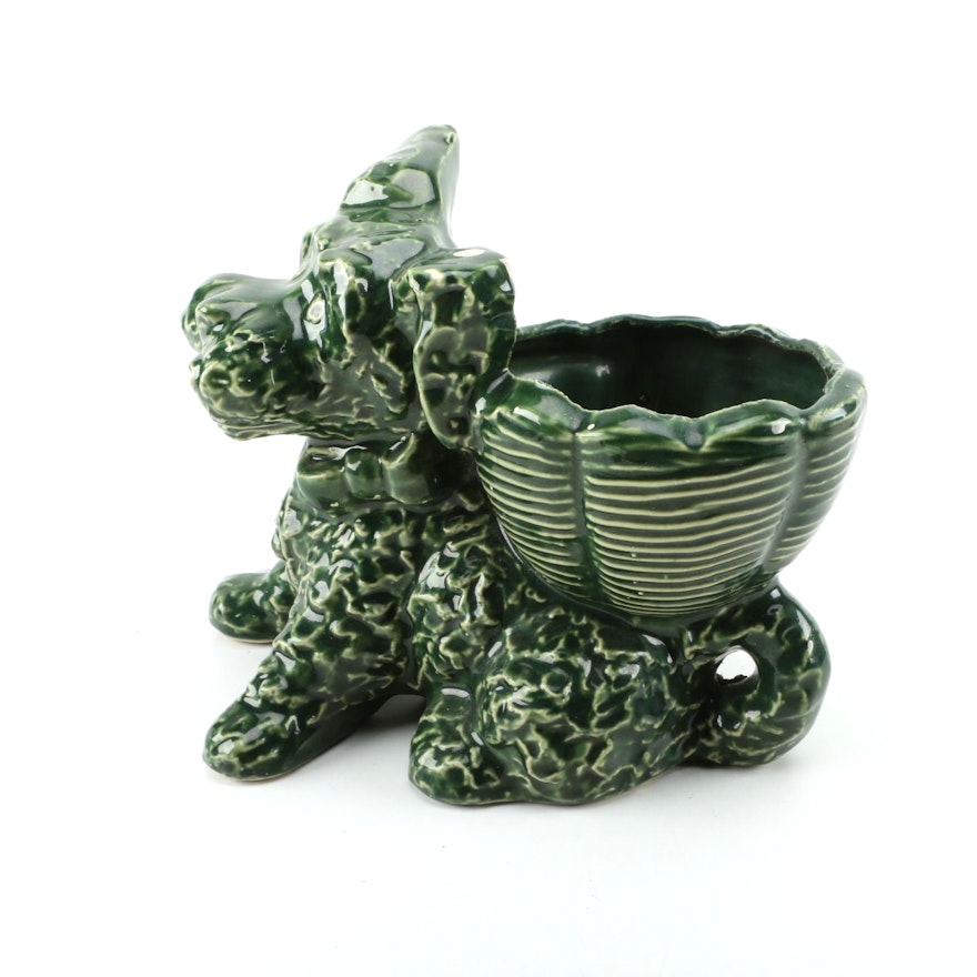 Vintage Slip Cast Ceramic Dog Planter with Green Majolica Glaze
