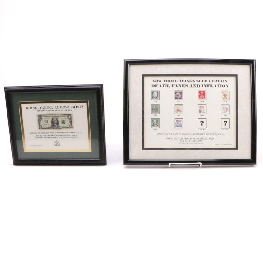 Framed One Dollar Bill and United States Postage Stamps