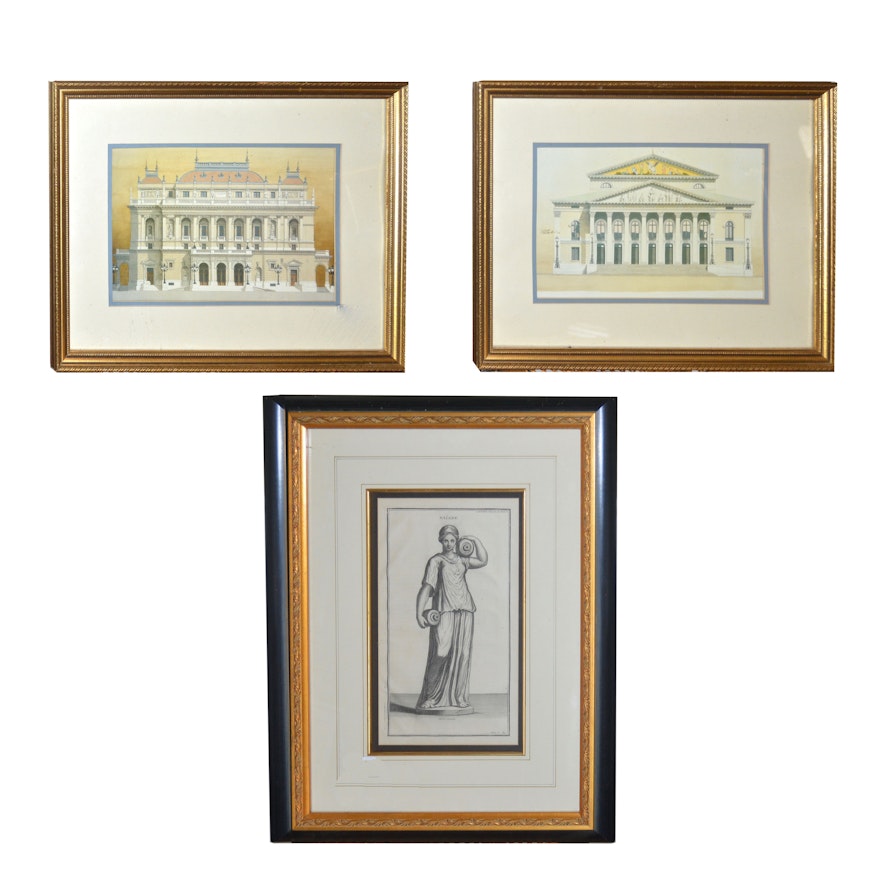 Framed 18th Century Engravings of Naiade and Greek Architecture