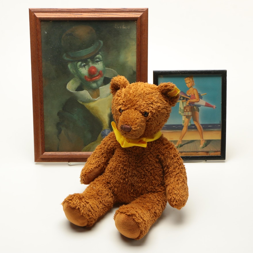 Oil Painting on Canvas Board with Steiff Bear and Pin-up Print After Bill Layne