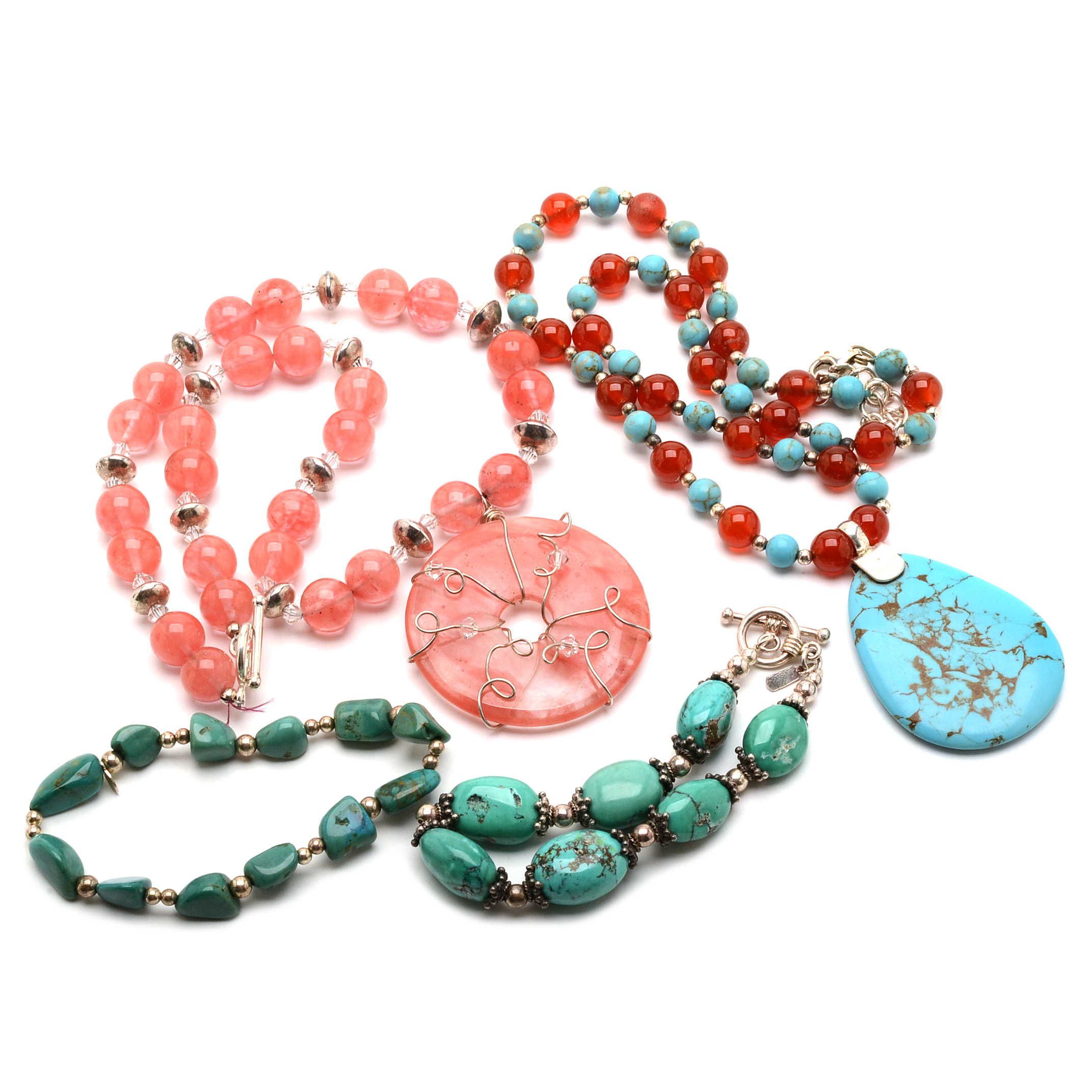 Sterling, Carnelian, Turquoise, Magnesite and Glass Bead Jewelry