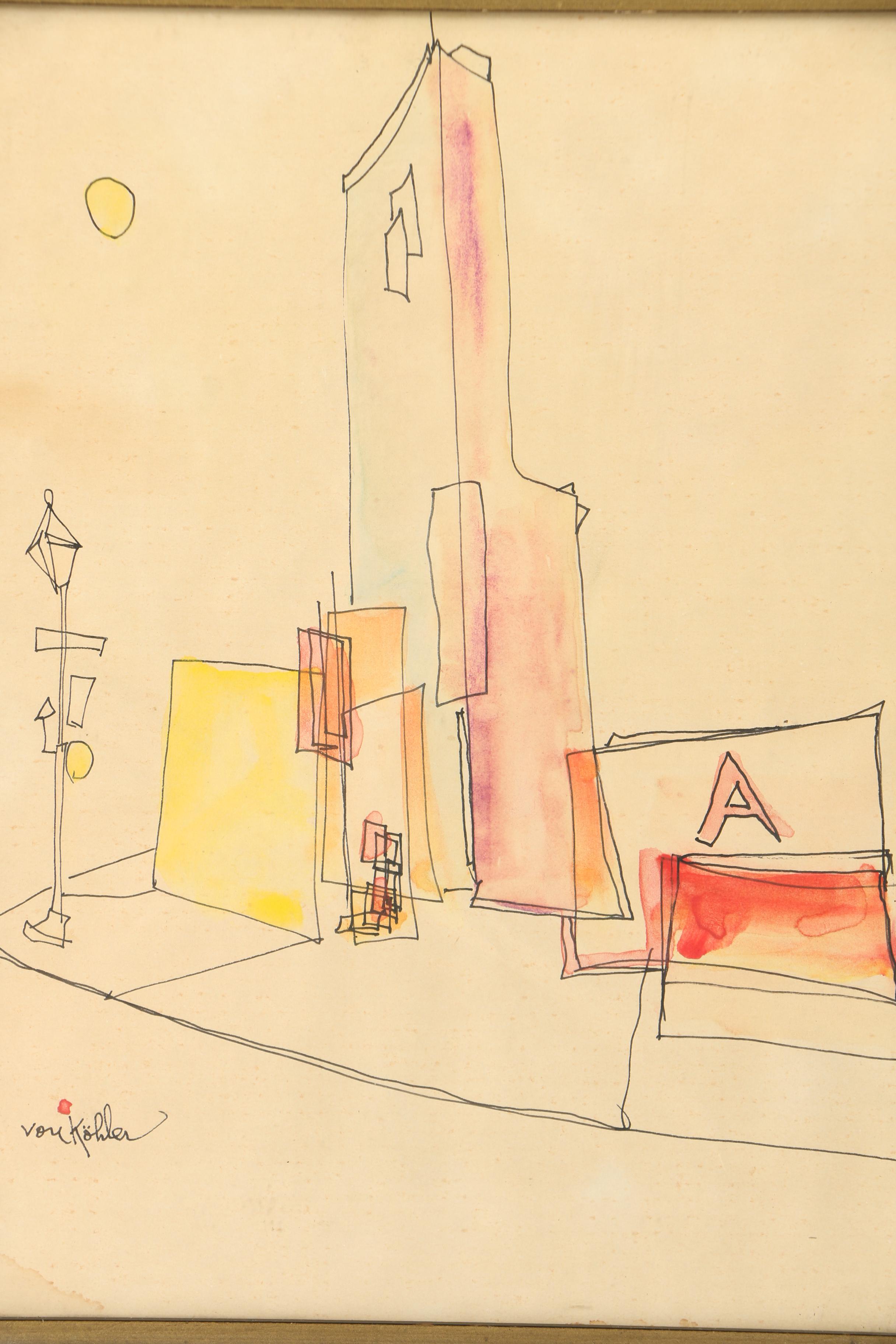 Ink and Watercolor Painting of Street Corner