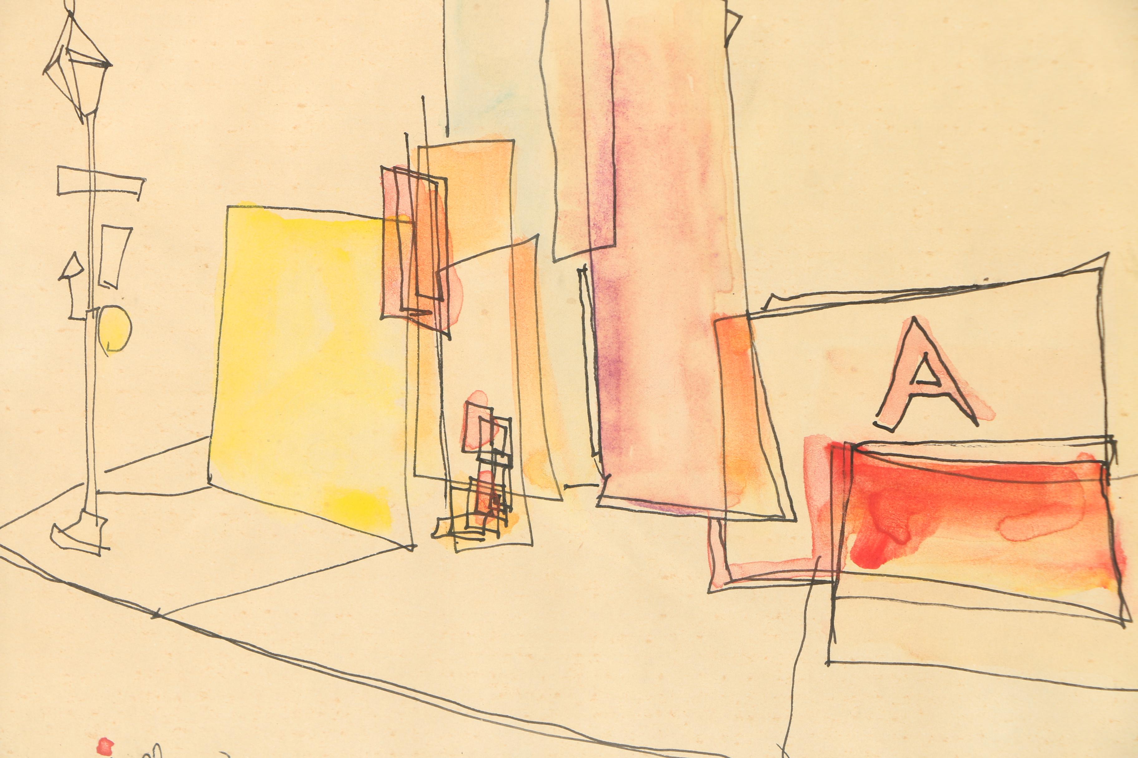 Ink and Watercolor Painting of Street Corner