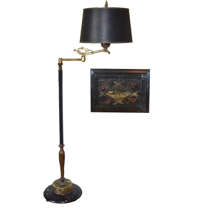 Brass Swing-Arm Floor Lamp and Framed Tin Painting