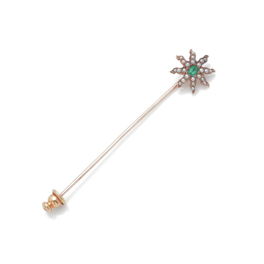 14K Yellow Gold Emerald and Pearl Stick Pin