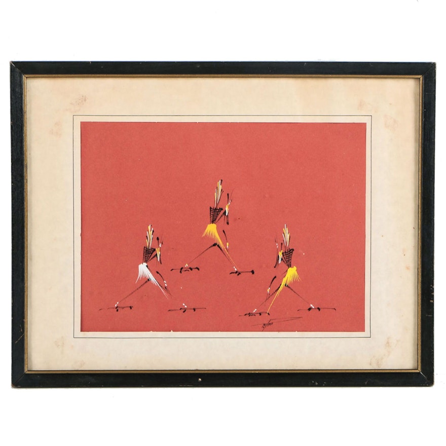 Signed Gouache Painting of Stylized African Figures on Red Ground