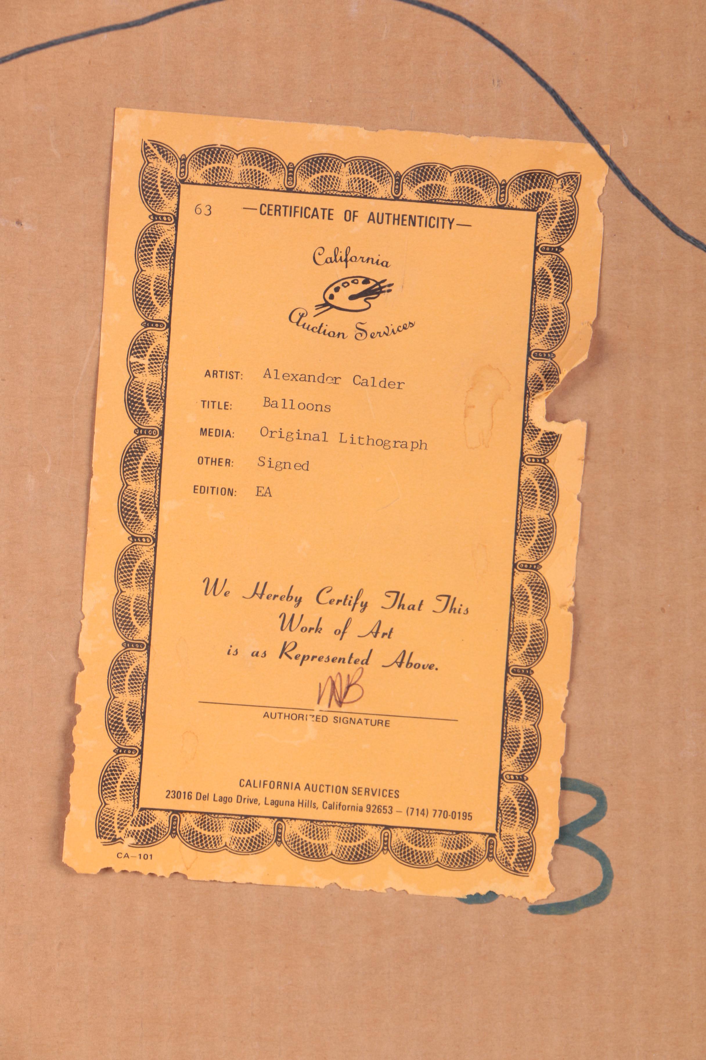 Signed Artist Proof Alexander Calder Lithograph "Balloons"