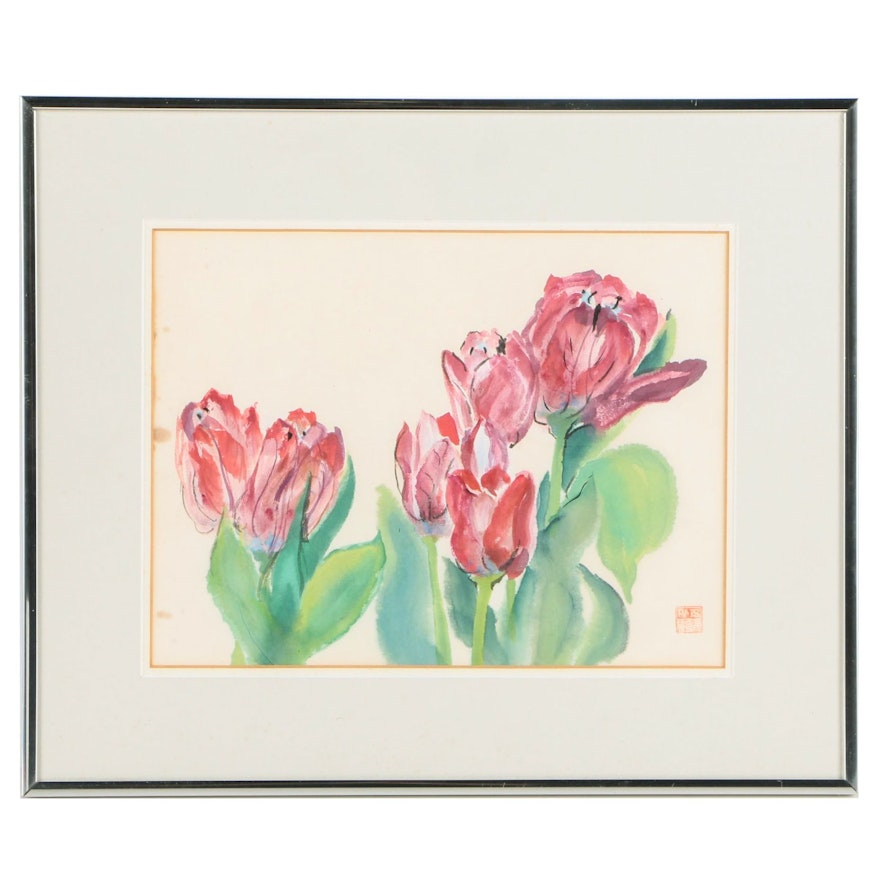 East Asian Style Watercolor Painting on Paper of Tulips