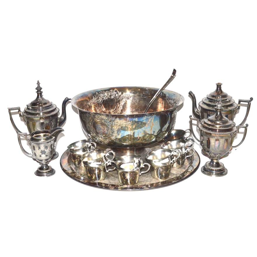 Silver Plated Punch Bowl and Coffee Serving Set Featuring Rogers & Bros