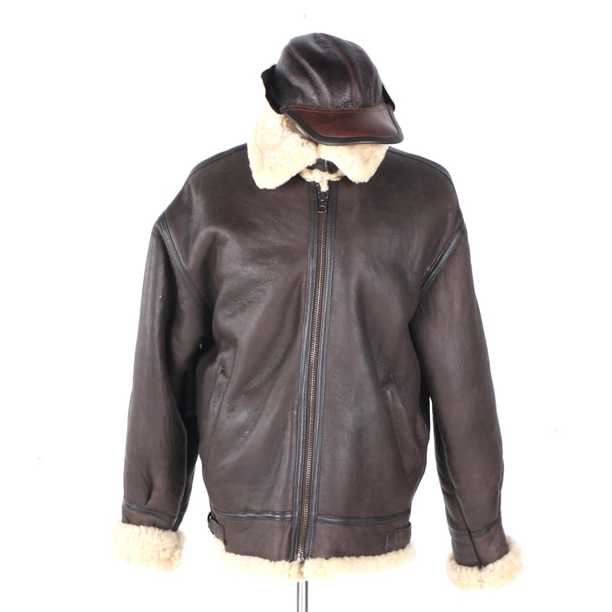 Leather and Shearling Bomber Jacket and Matching Hat