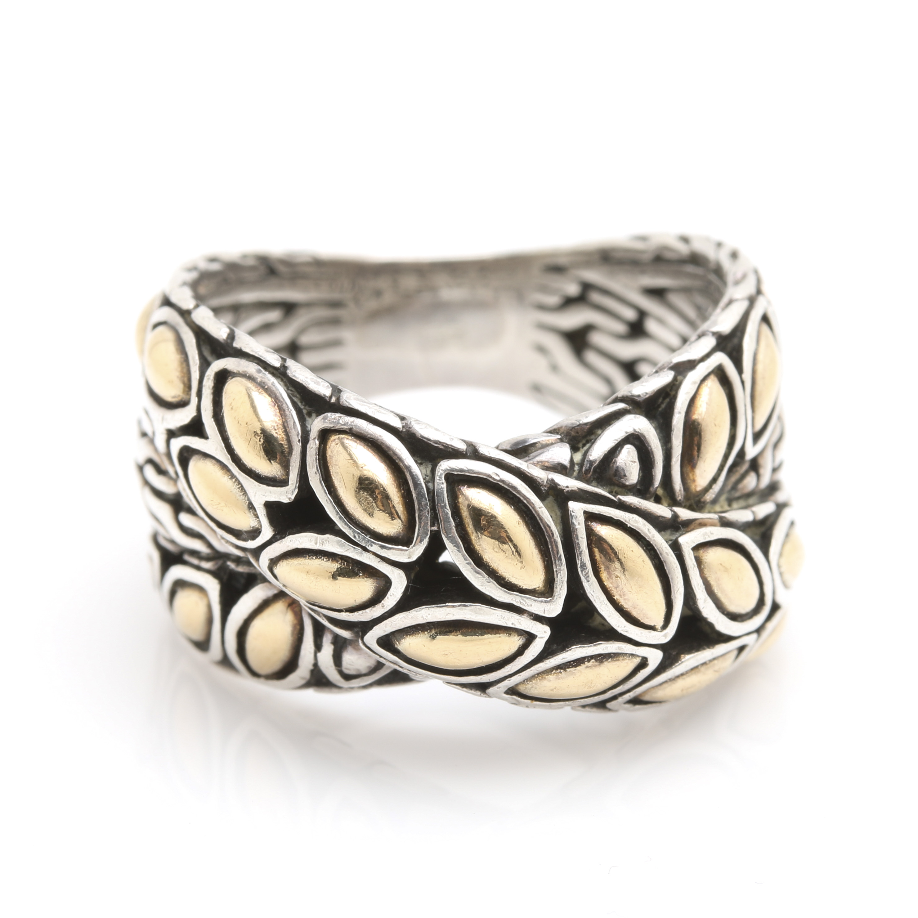 John Hardy Sterling Silver and 18K Yellow Gold Cross Over Ring
