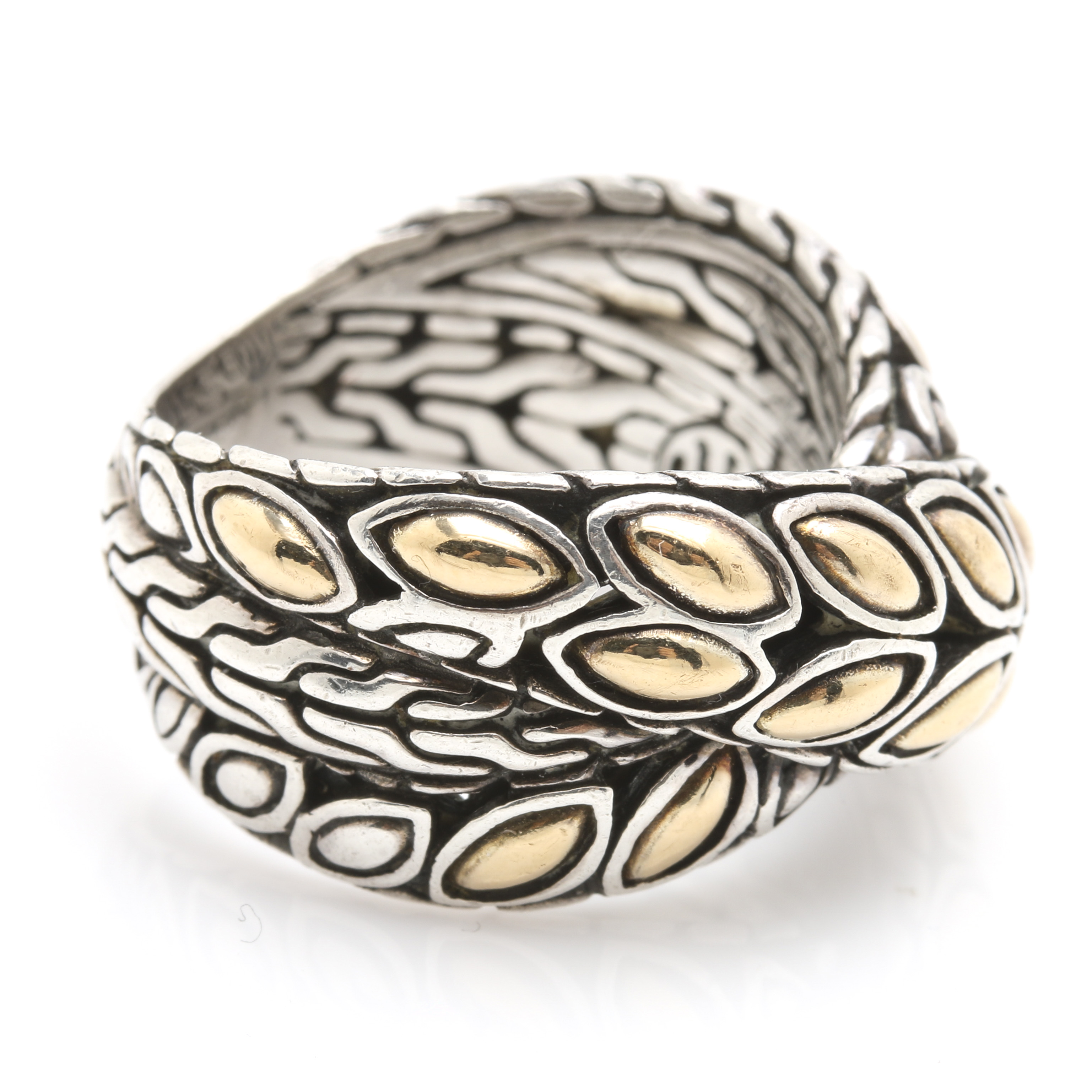 John Hardy Sterling Silver and 18K Yellow Gold Cross Over Ring