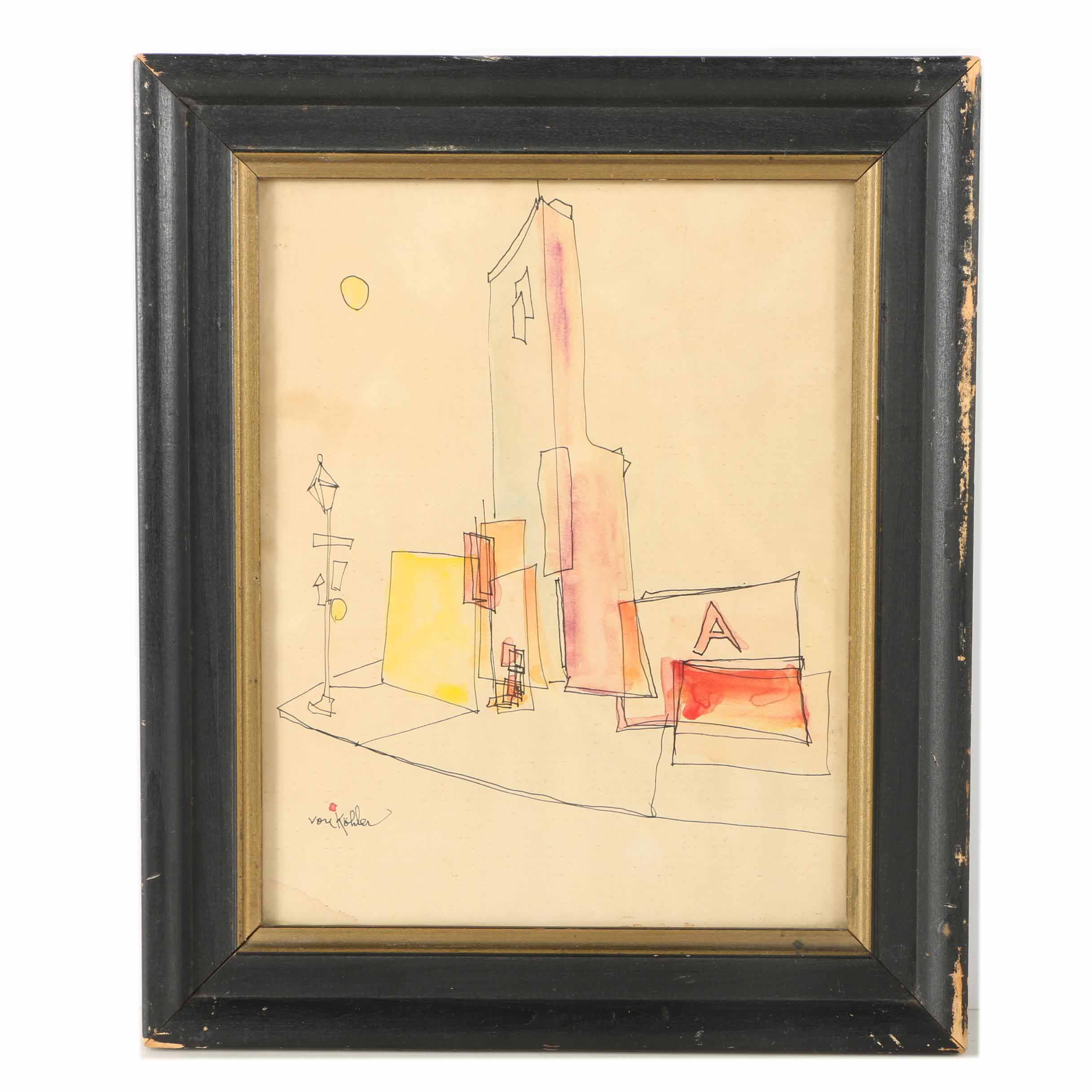 Ink and Watercolor Painting of Street Corner