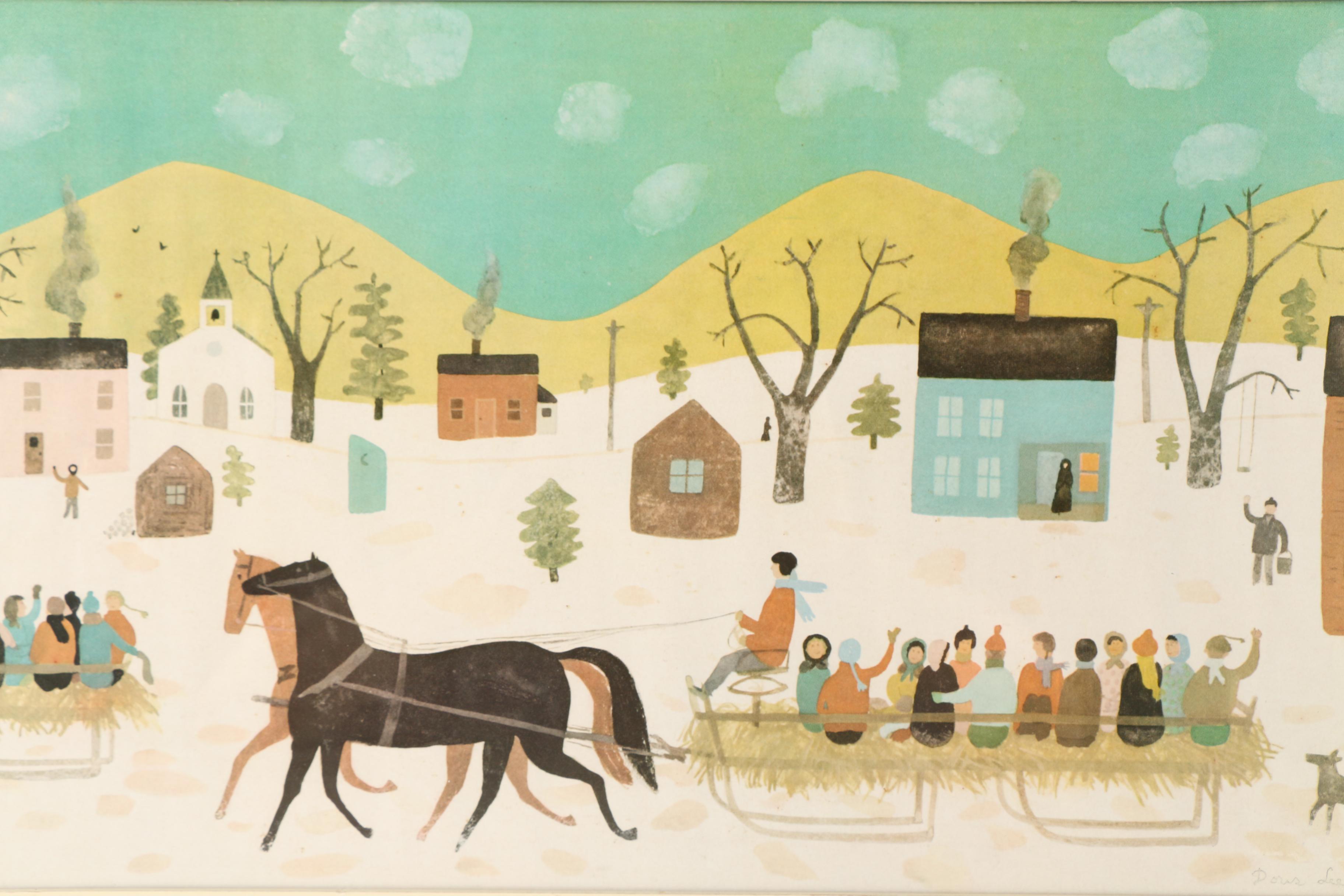 Offset lithograph After a Doris Lee Folk Art Landscape