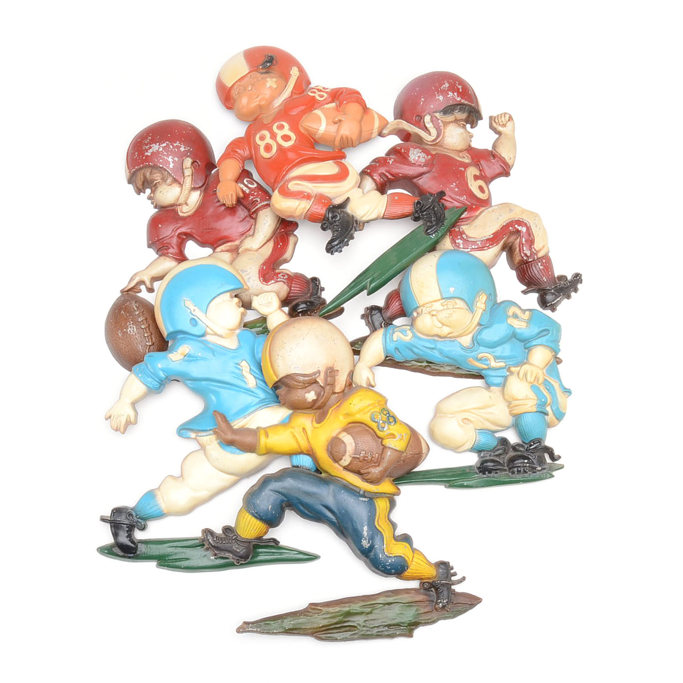 Six 1970s Metal Football Figure Wall Hangers