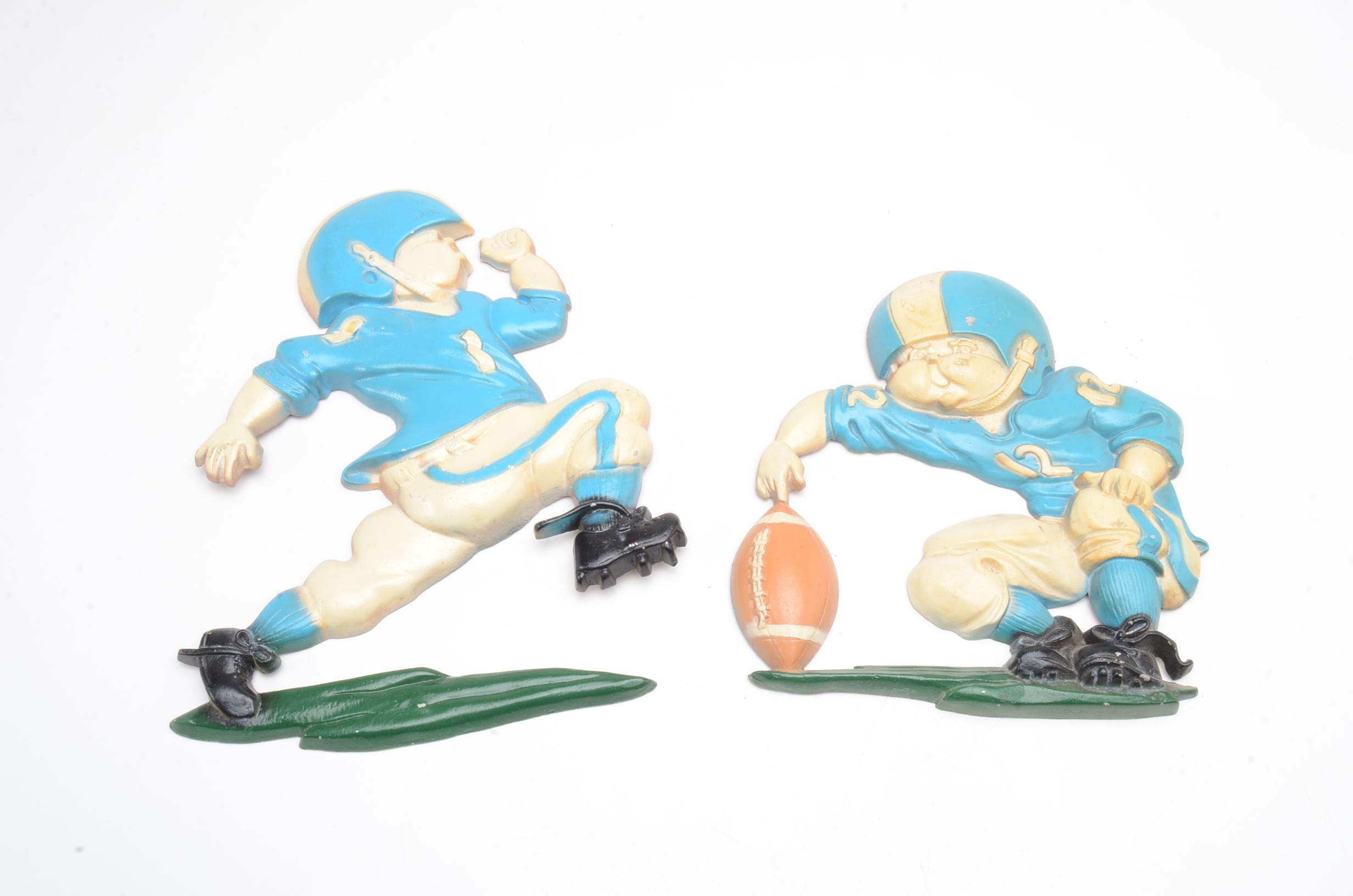 Six 1970s Metal Football Figure Wall Hangers