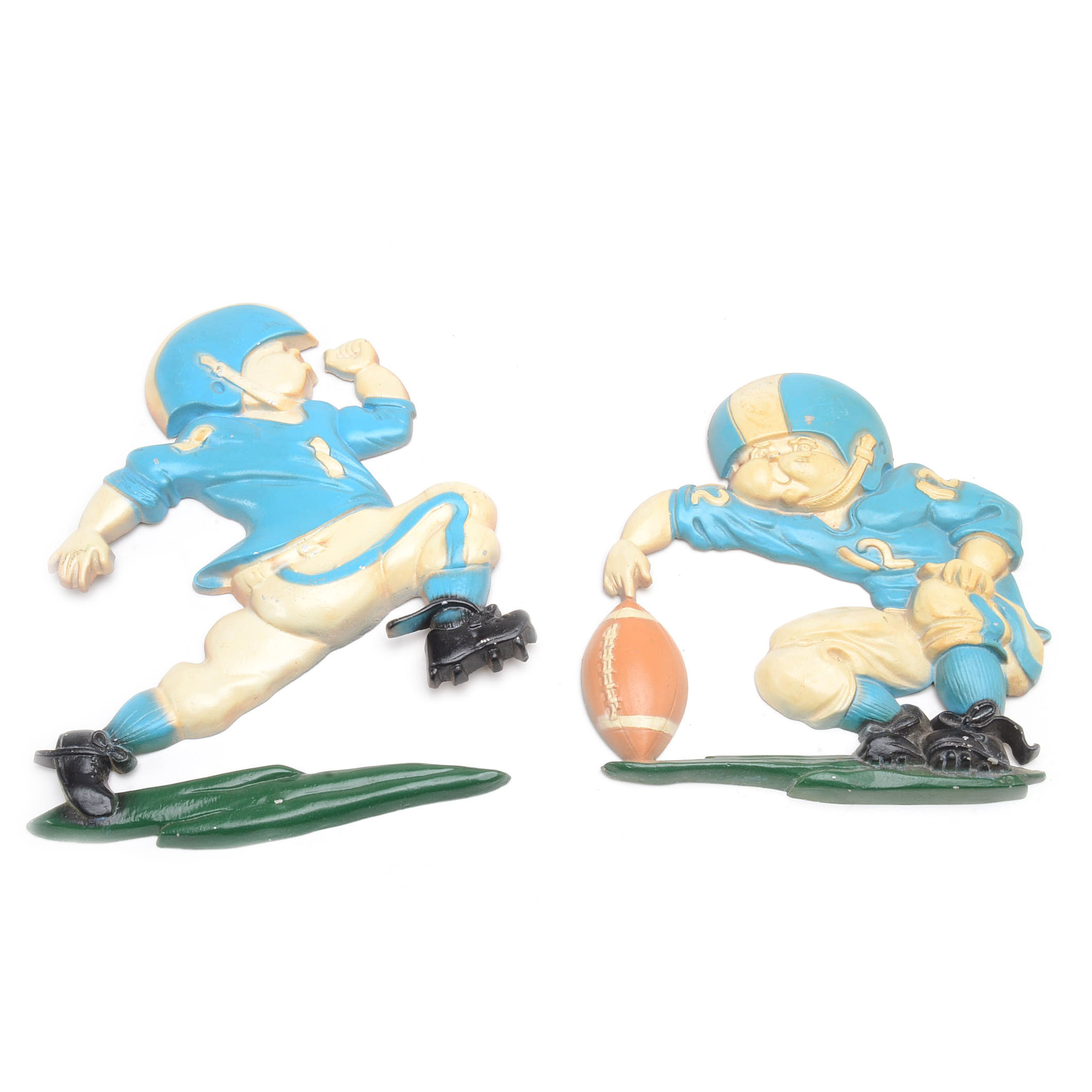 Six 1970s Metal Football Figure Wall Hangers