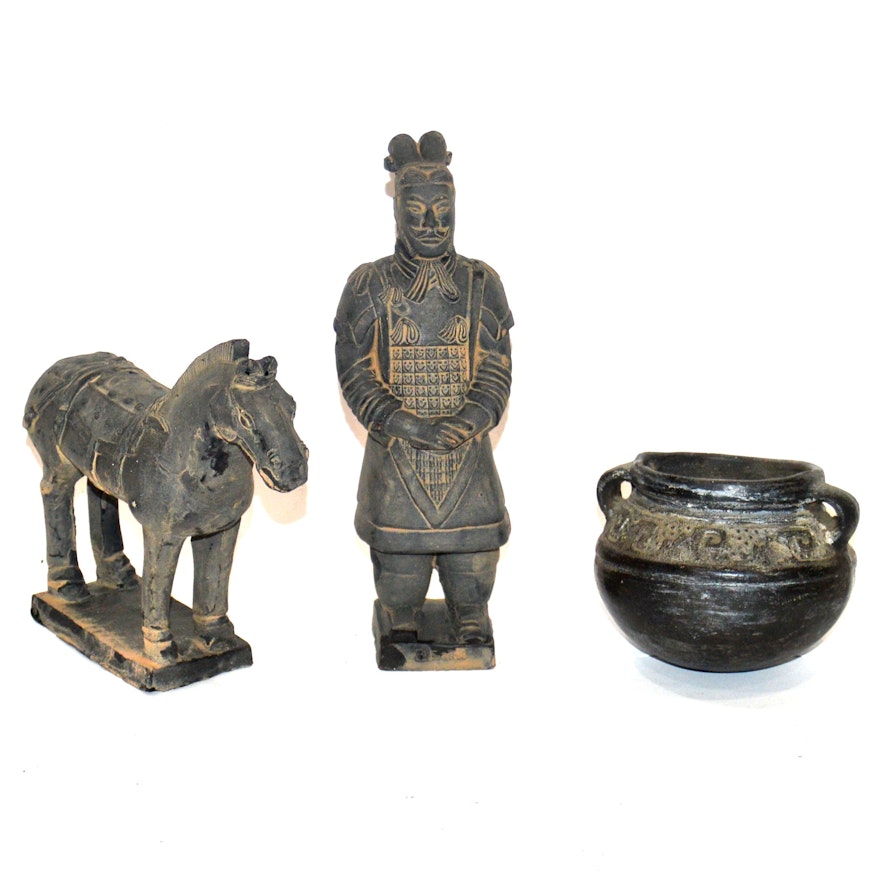 Primitive Earthenware Vessel and Terracotta Qin Dynasty Replicas