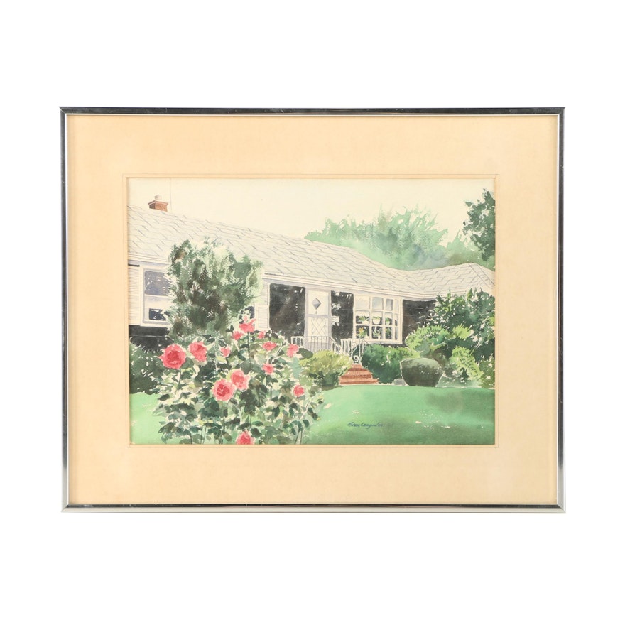 Greg Congadosi Watercolor Painting on Paper of a House and Front Yard