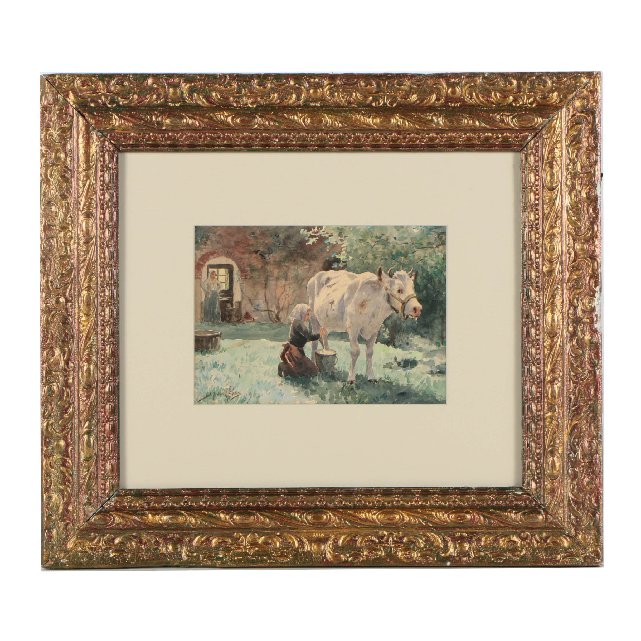 St John Lewis Watercolor Painting on Paper "Milking"