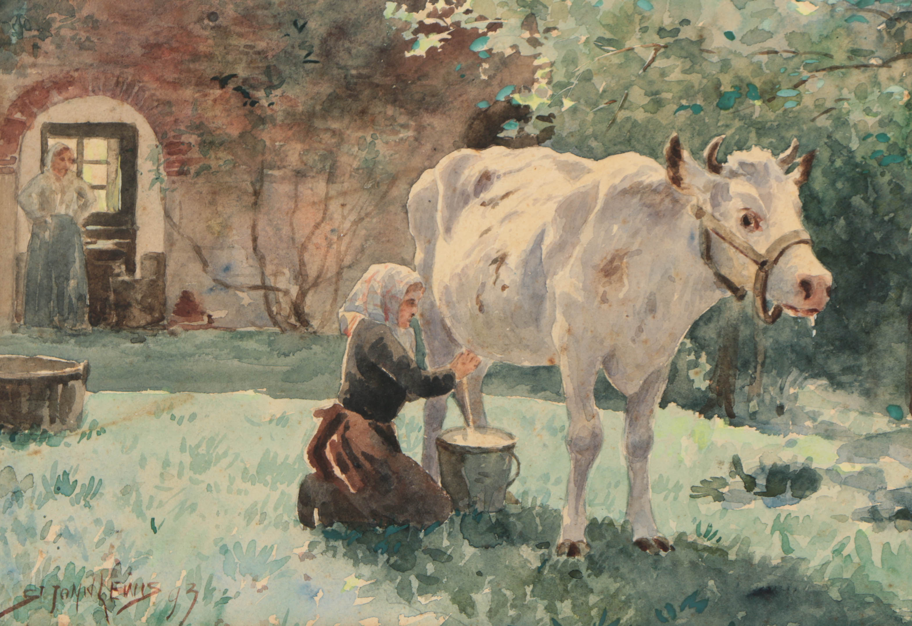 St John Lewis Watercolor Painting on Paper "Milking"