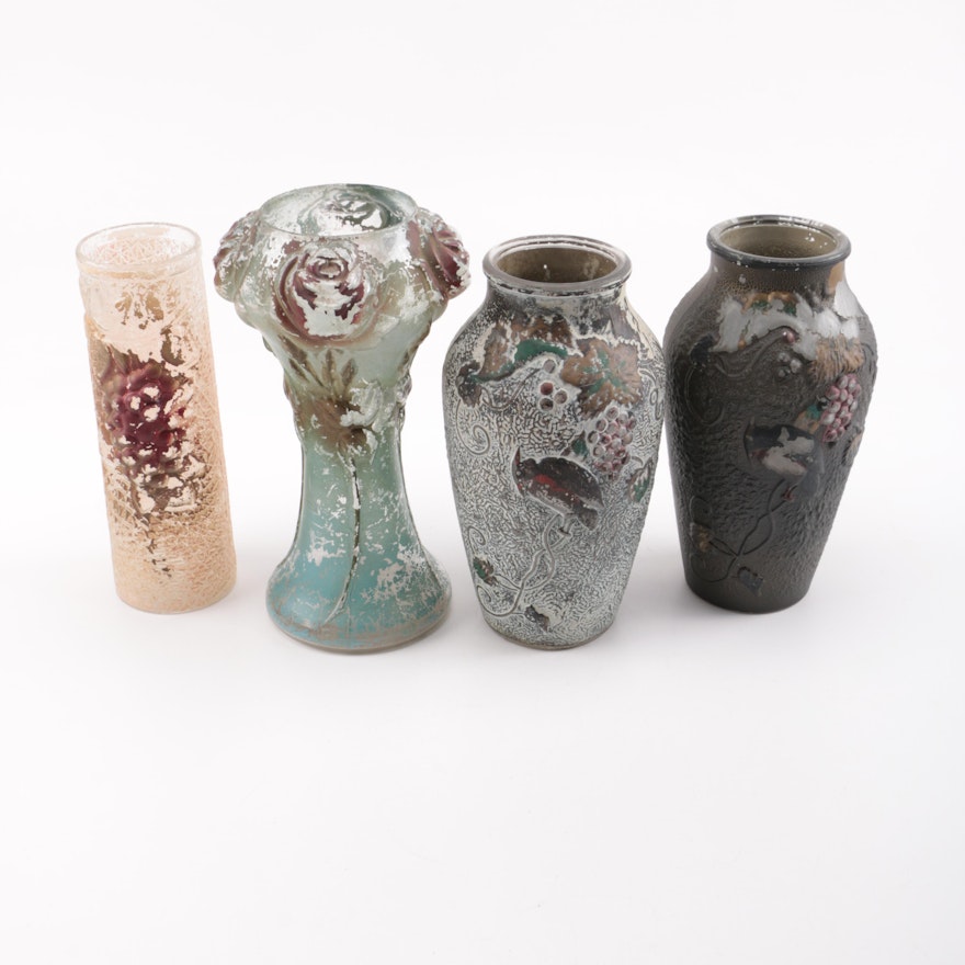 Floral and Grape Pattern Ceramic and Glass Vases