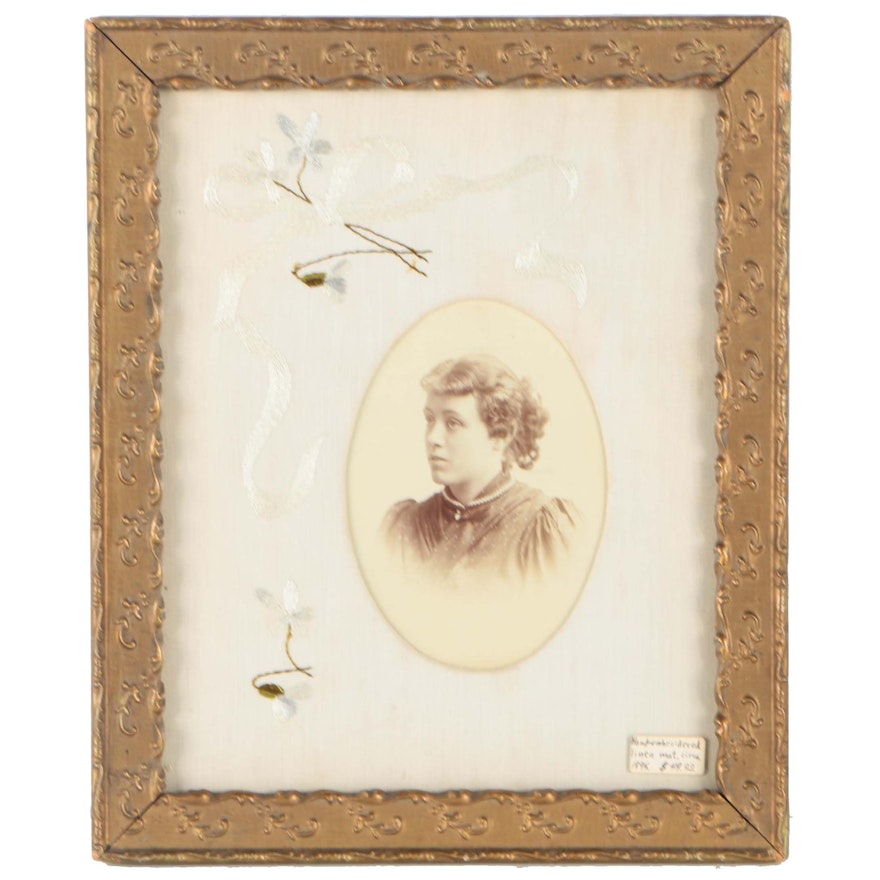 Antique Embroidered Mat Framed With Portrait of Woman