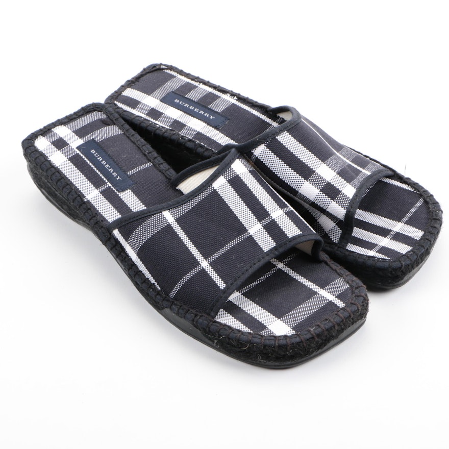 Burberry Blue and White Plaid Canvas Slides