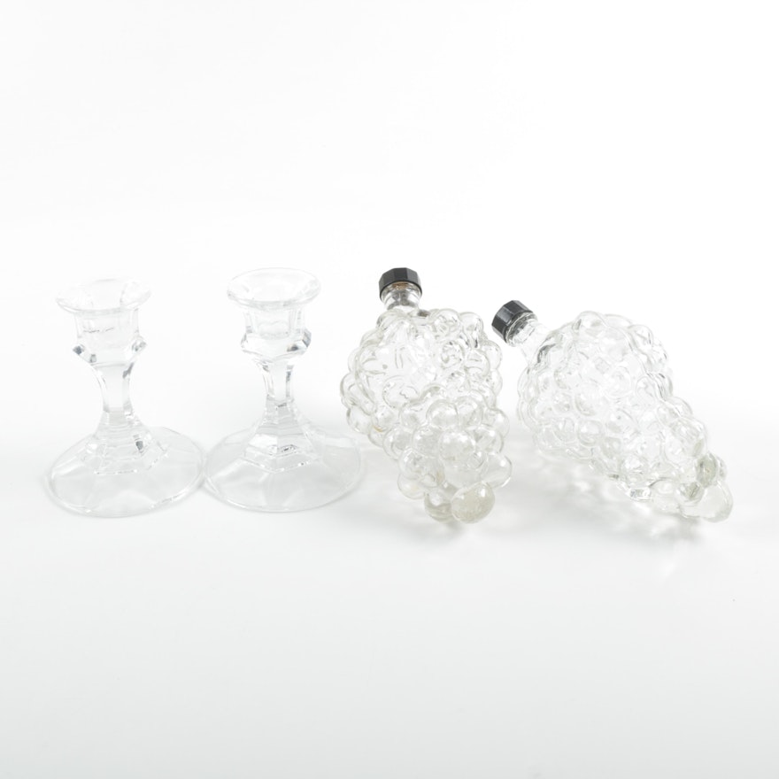 Glass Candlestick Holders and Bottles