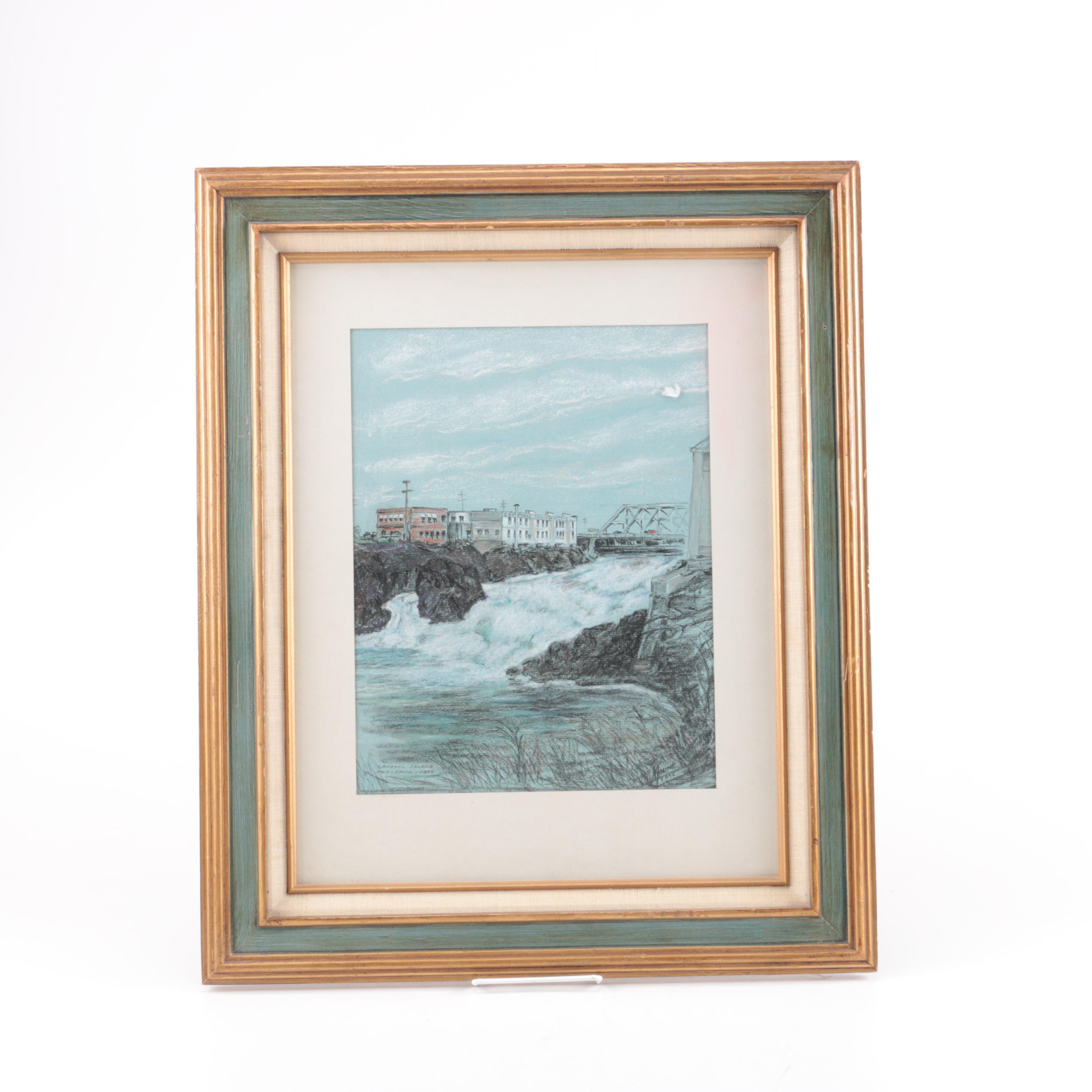 1976 W.A Moline Colored Drawing on Paper "Crystal Island, Pre-Expo '74"