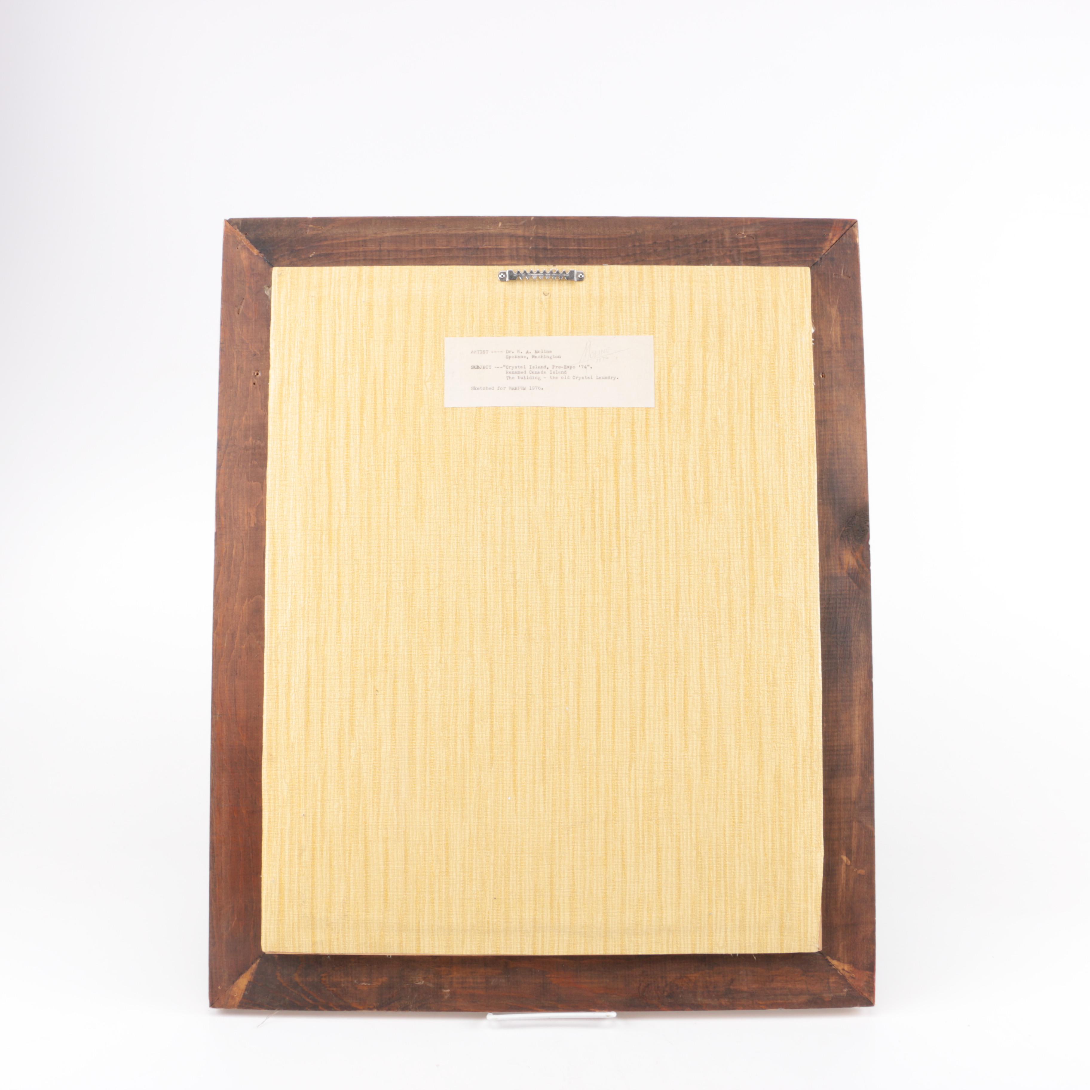 1976 W.A Moline Colored Drawing on Paper "Crystal Island, Pre-Expo '74"