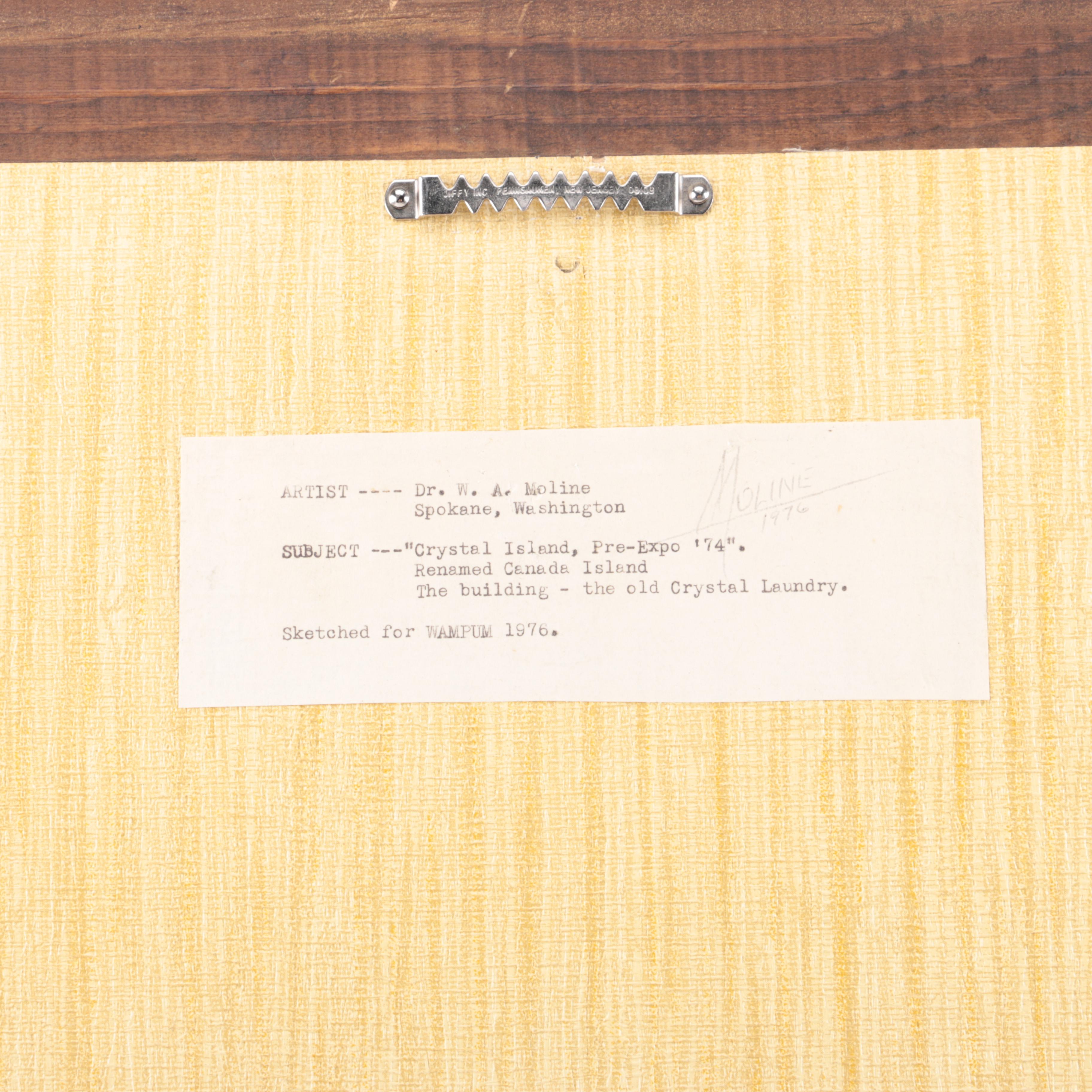 1976 W.A Moline Colored Drawing on Paper "Crystal Island, Pre-Expo '74"