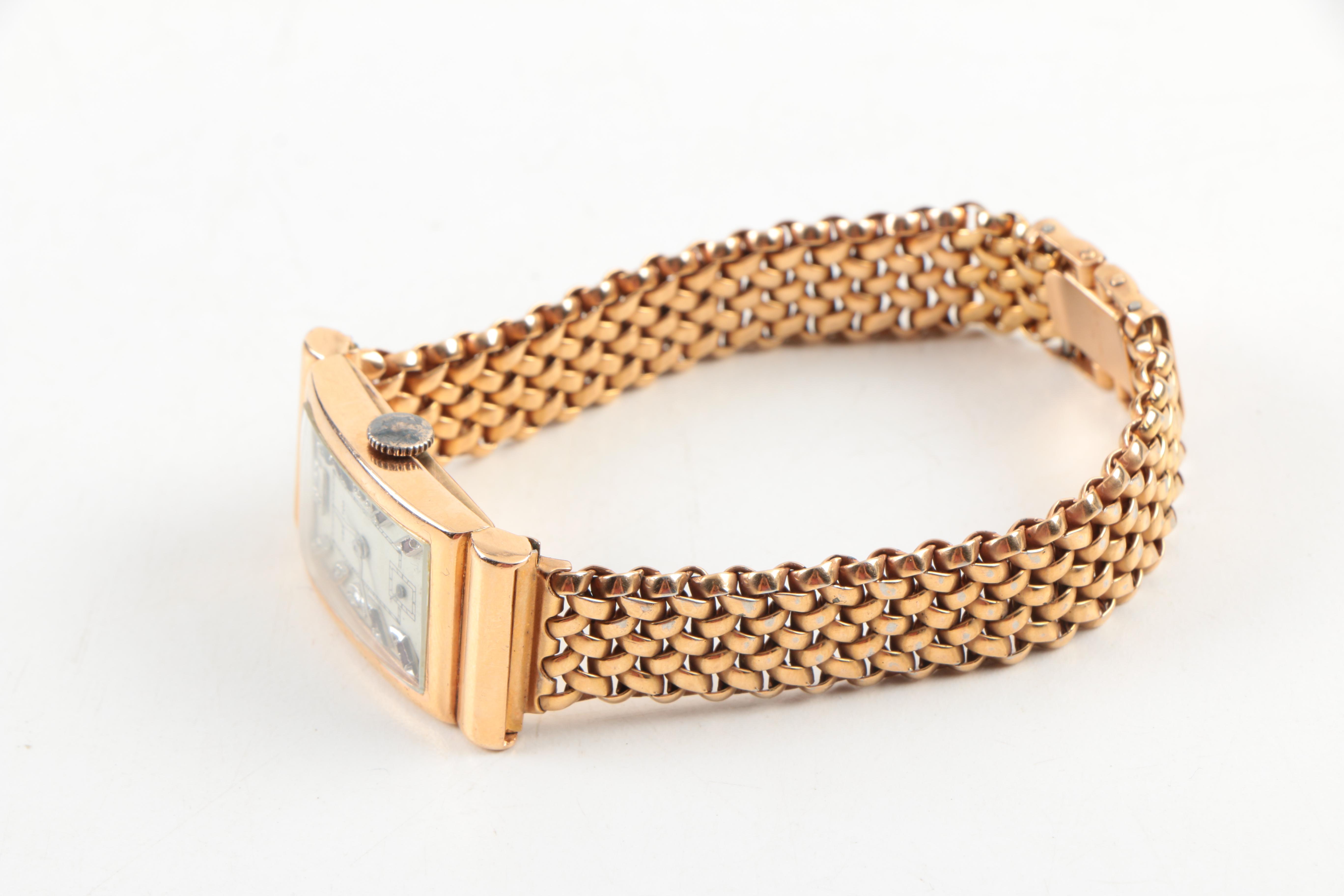 Vintage Tank Style Hamilton 14K Rose Gold Watch with Gold Plated Bracelet