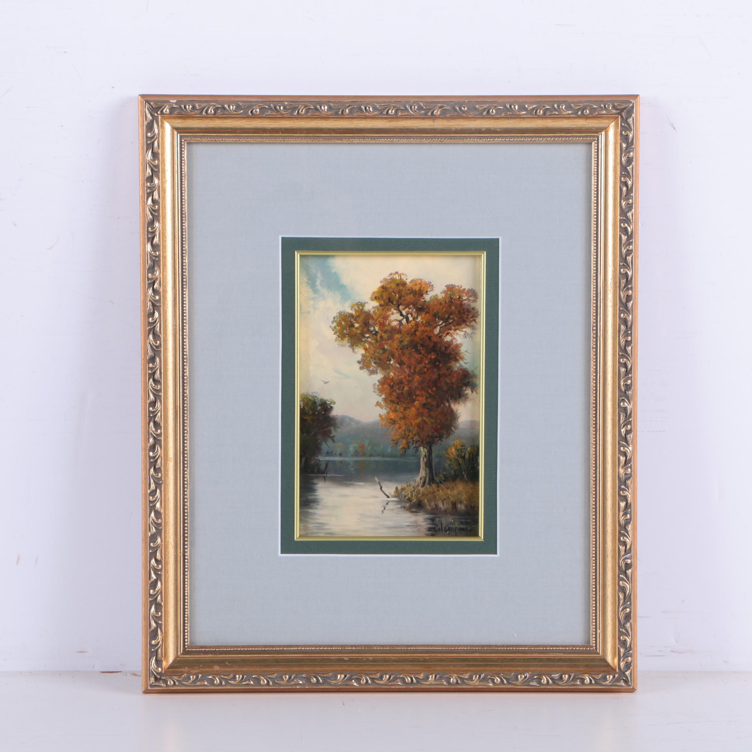 Cal Gaspard Oil Painting on Panel of Autumn Landscape with Tree-Lined Lake