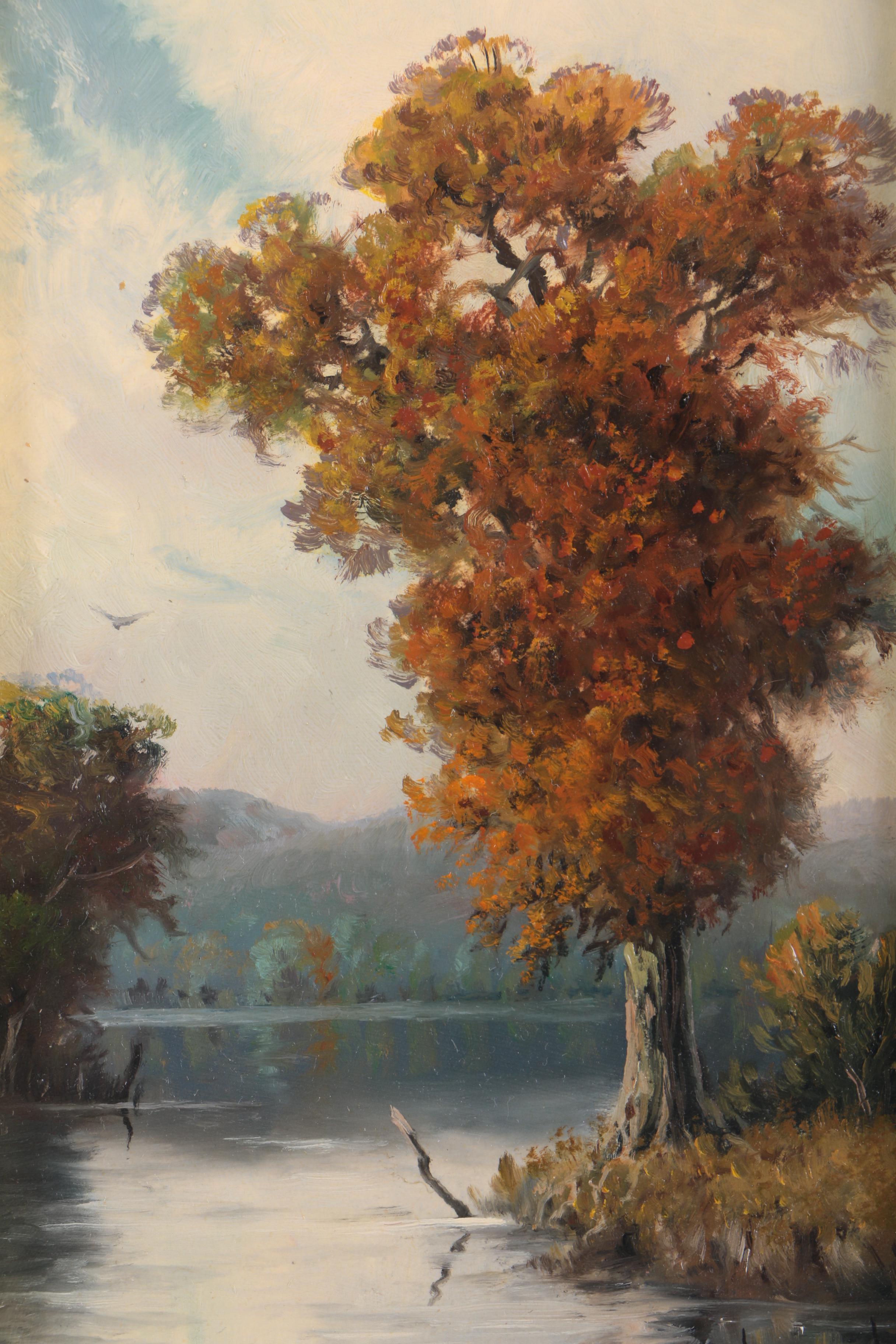 Cal Gaspard Oil Painting on Panel of Autumn Landscape with Tree-Lined Lake