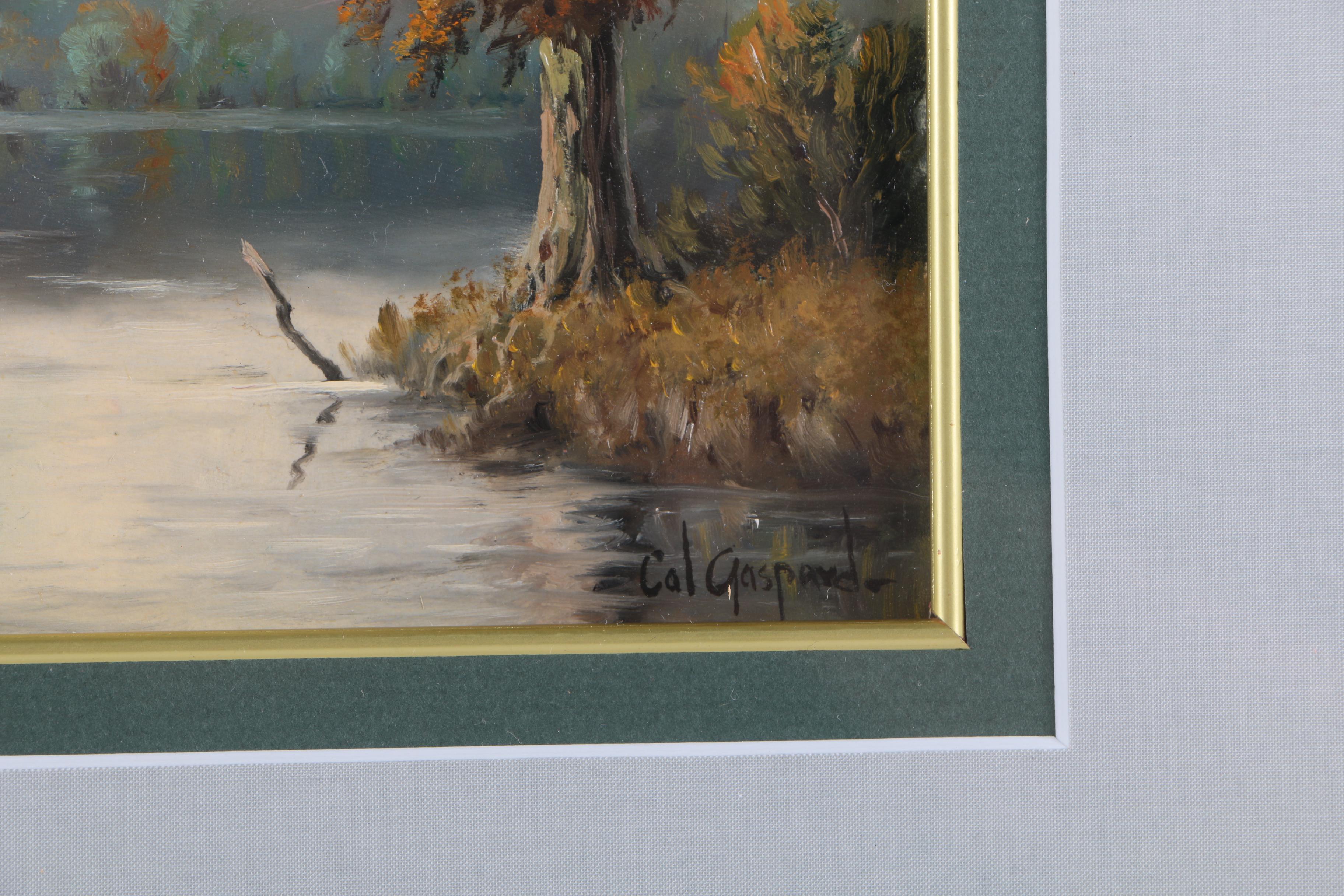 Cal Gaspard Oil Painting on Panel of Autumn Landscape with Tree-Lined Lake