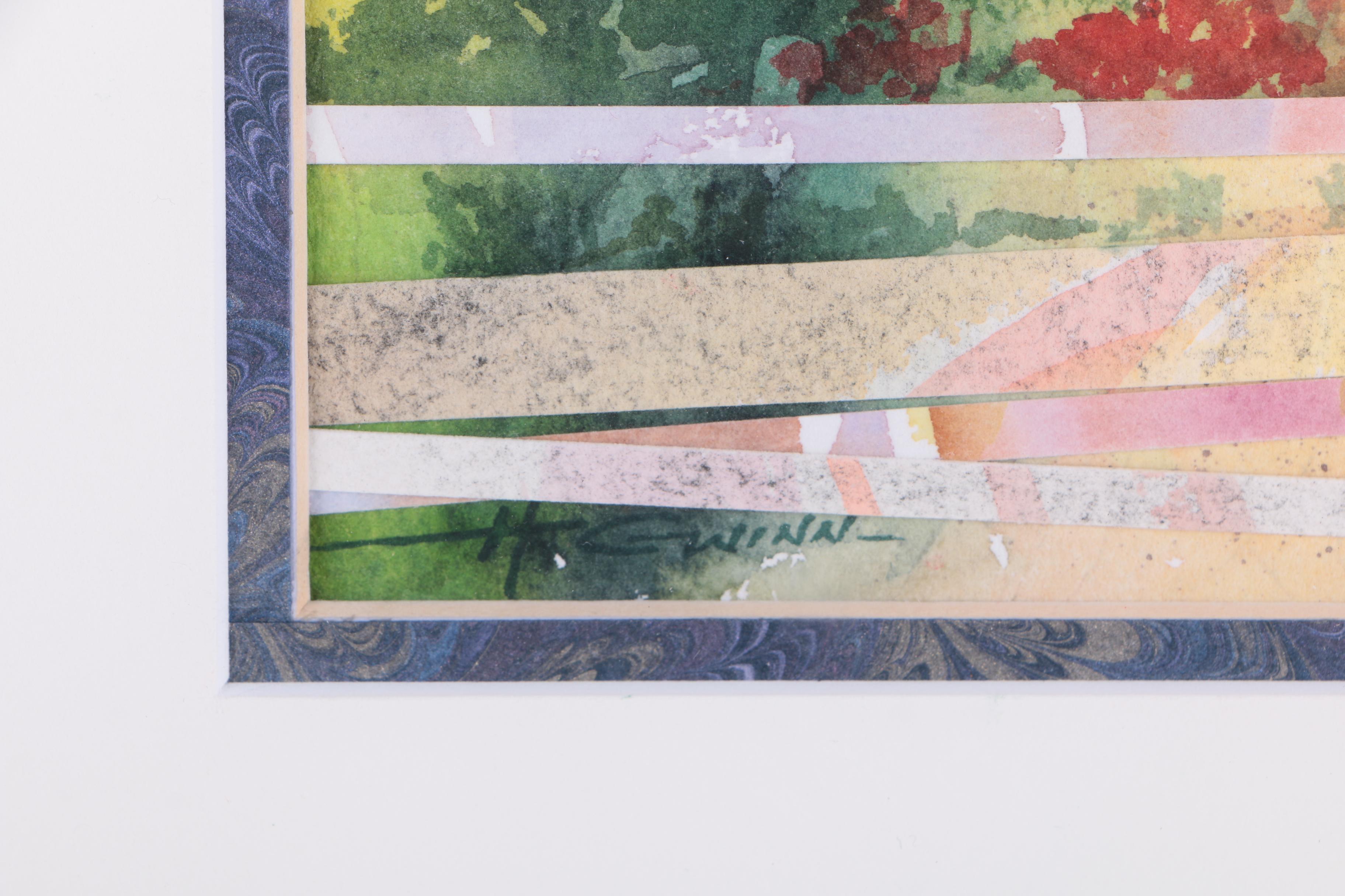 Helen Gwinn Watercolor Painting with Collage on Paperboard of Mountain Landscape