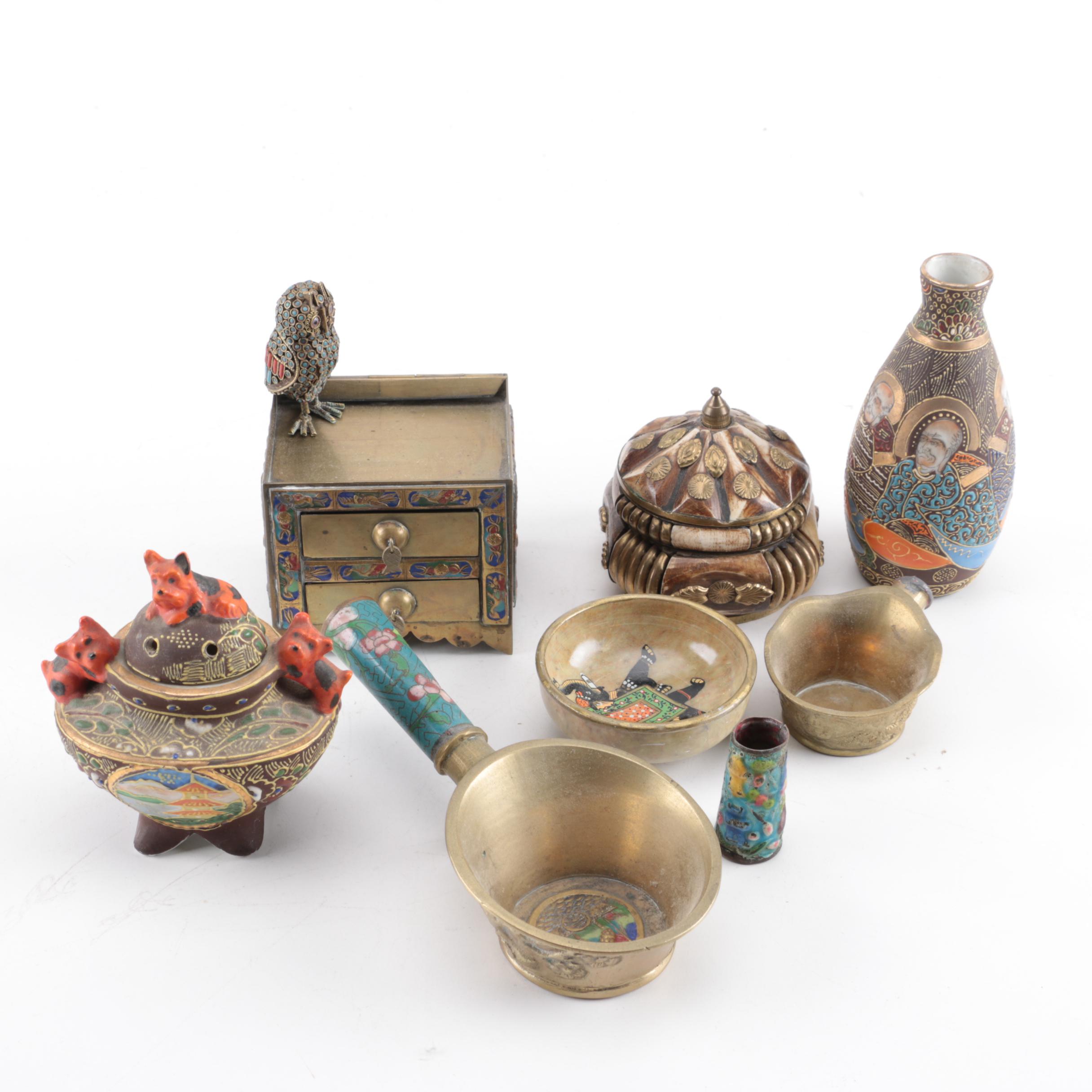 East Asian Wood, Brass and Ceramic Dishes and Decor