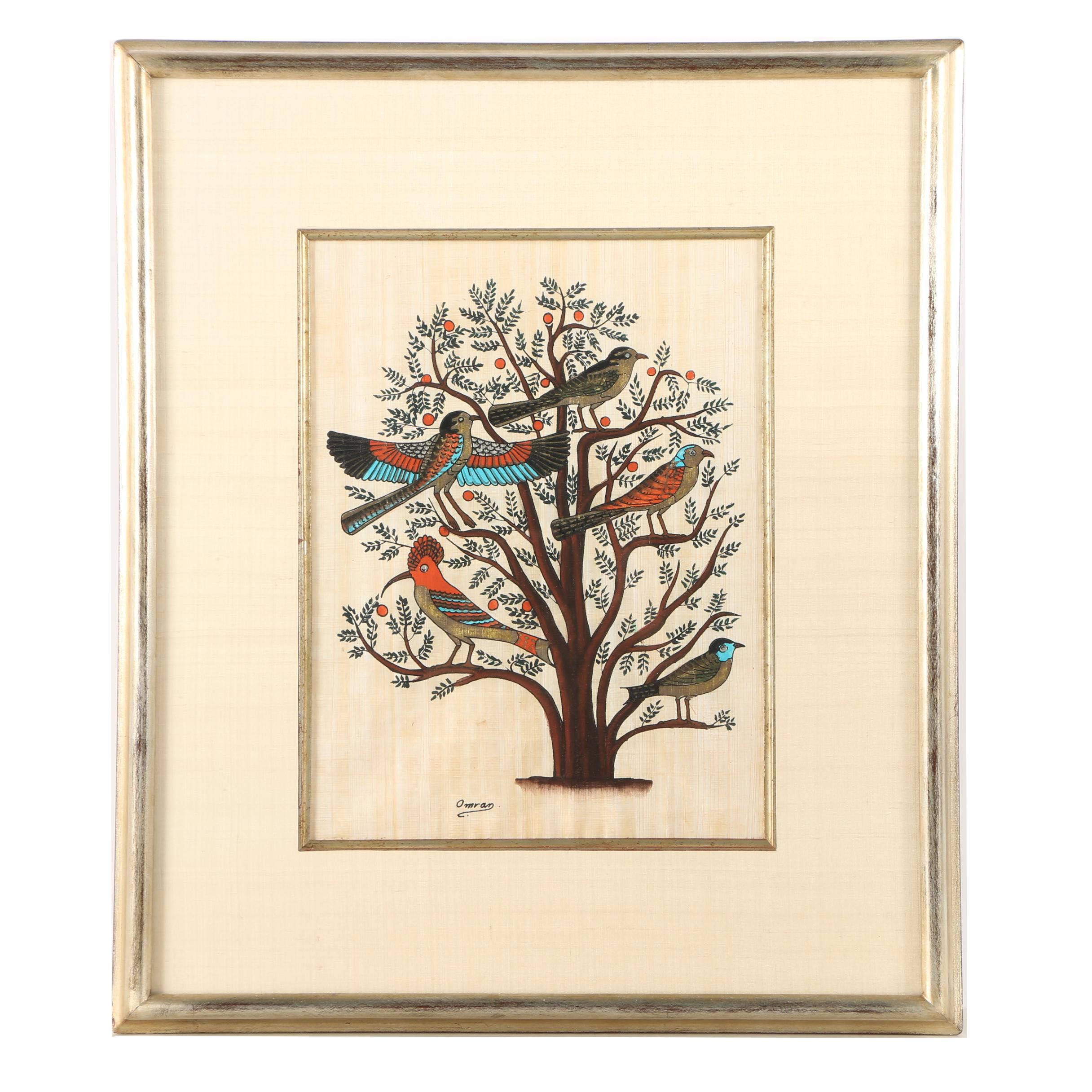 Omran Ink and Gouache Painting on Papyrus of Birds