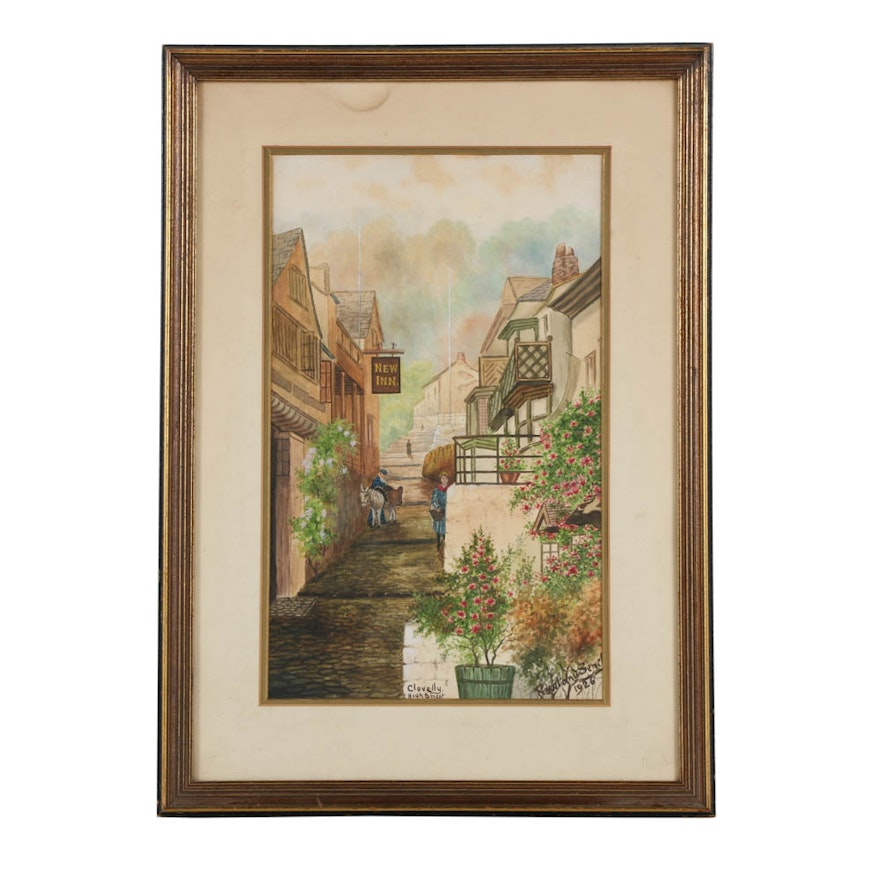 Rowland Sewell Watercolor on Paper "Clovelly, High Street"