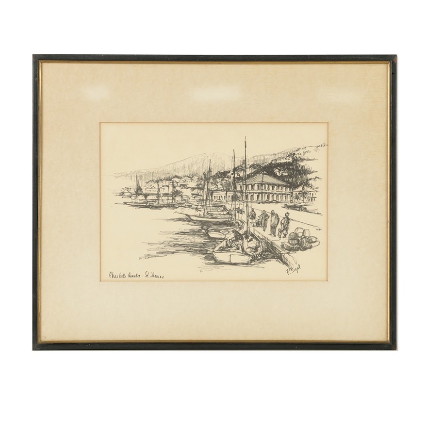 P. Sigal Halftone Print on Paper of Boats and Harbor