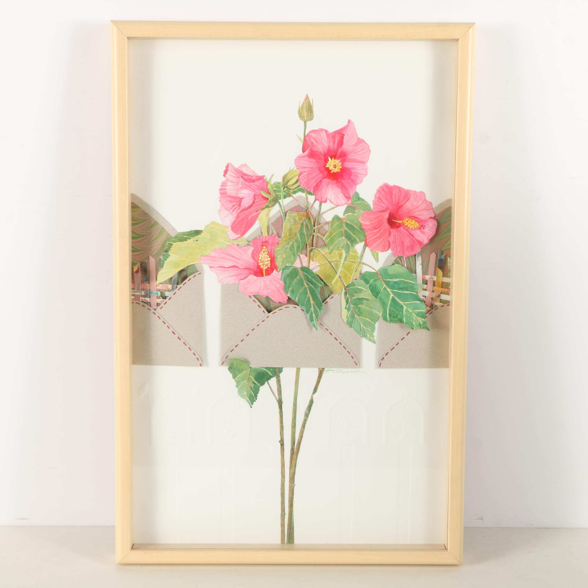 Helen Gwinn Mixed Media Collage on Paper of Pink Hibiscus Flowers and Envelopes