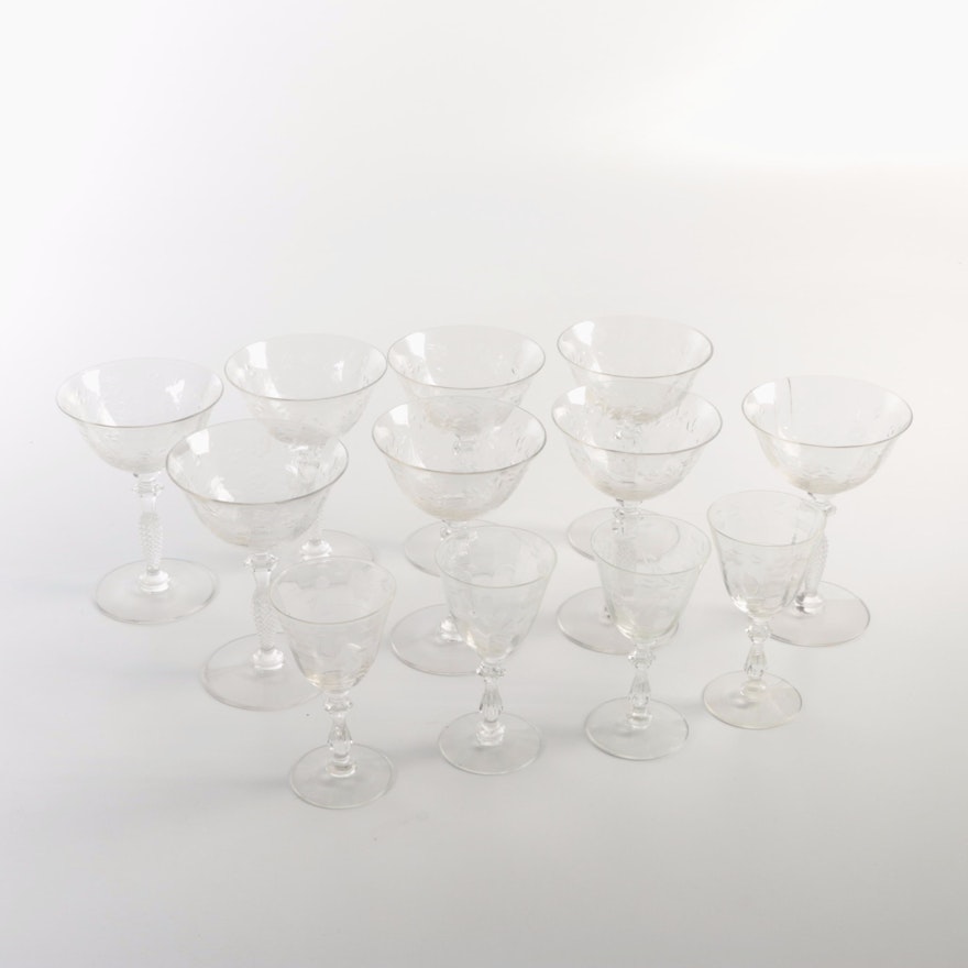 Vintage Etched Coupe and Cordial Glasses