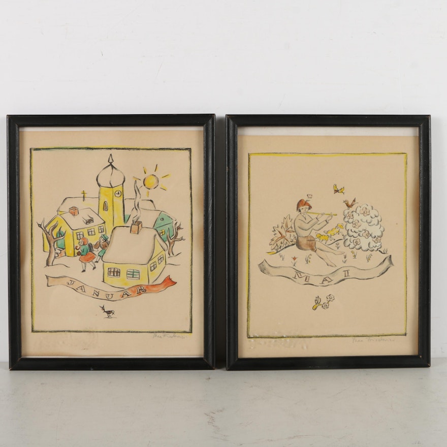 Color Lithographs on Paper "Mai" and "Januar"