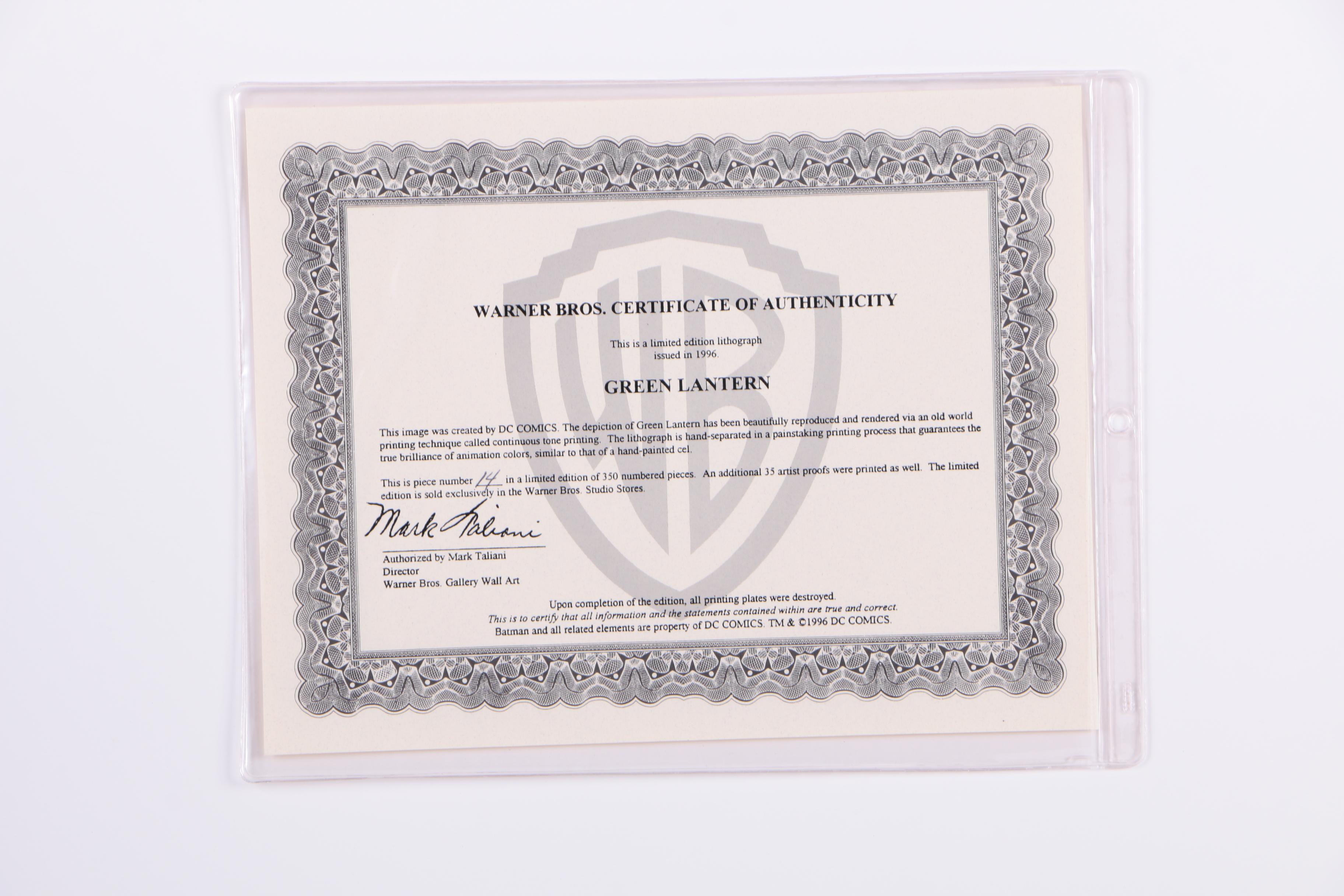 D.C. Comics 1996 Limited Edition Lithograph on Paperboard "Green Lantern"