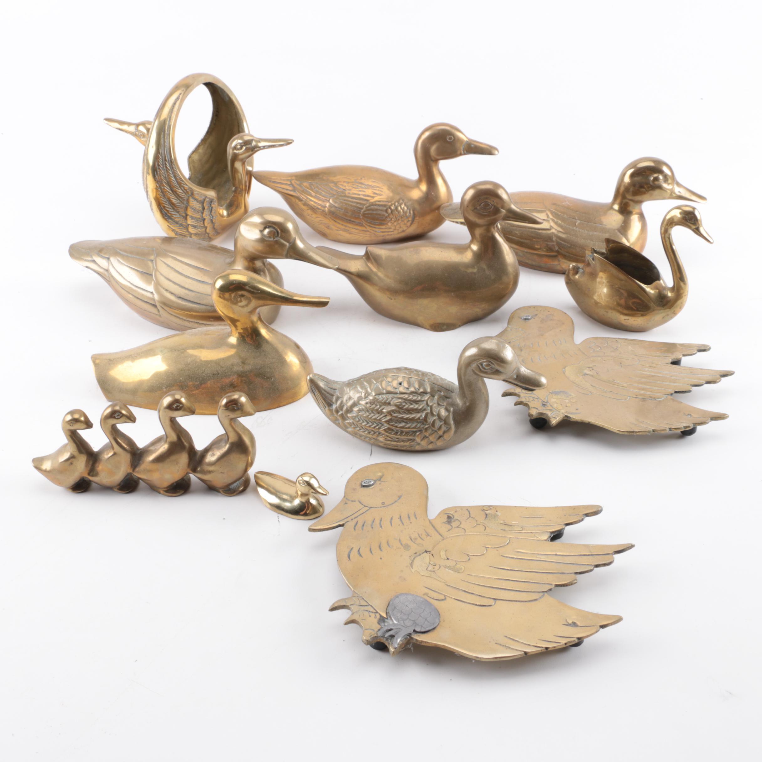 Collection of Brass Duck and Swan Décor Items