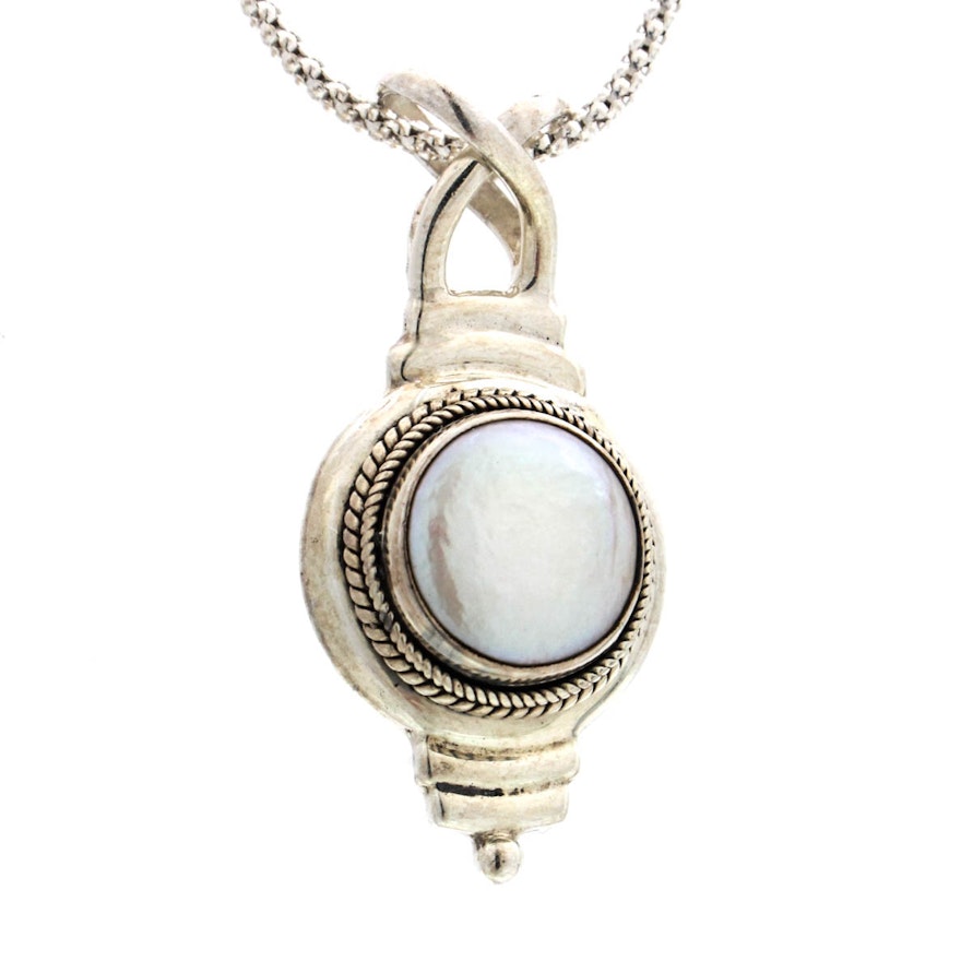 Sterling Silver Coin Pearl Pendant Necklace