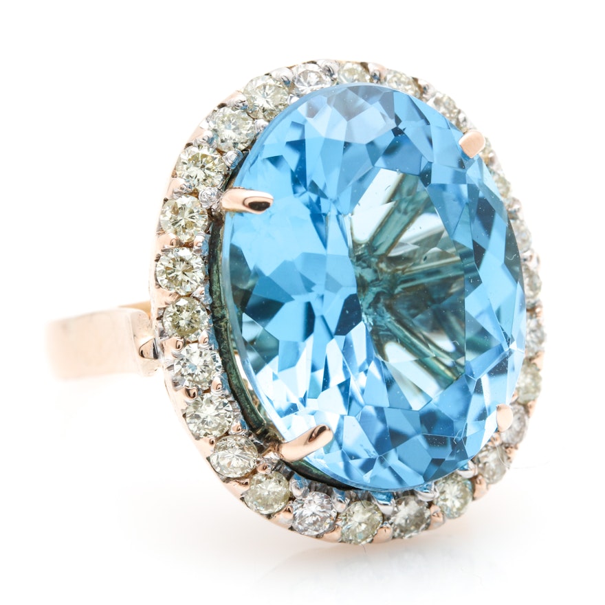 14K Yellow Gold Swiss Blue Topaz and Diamond Ring