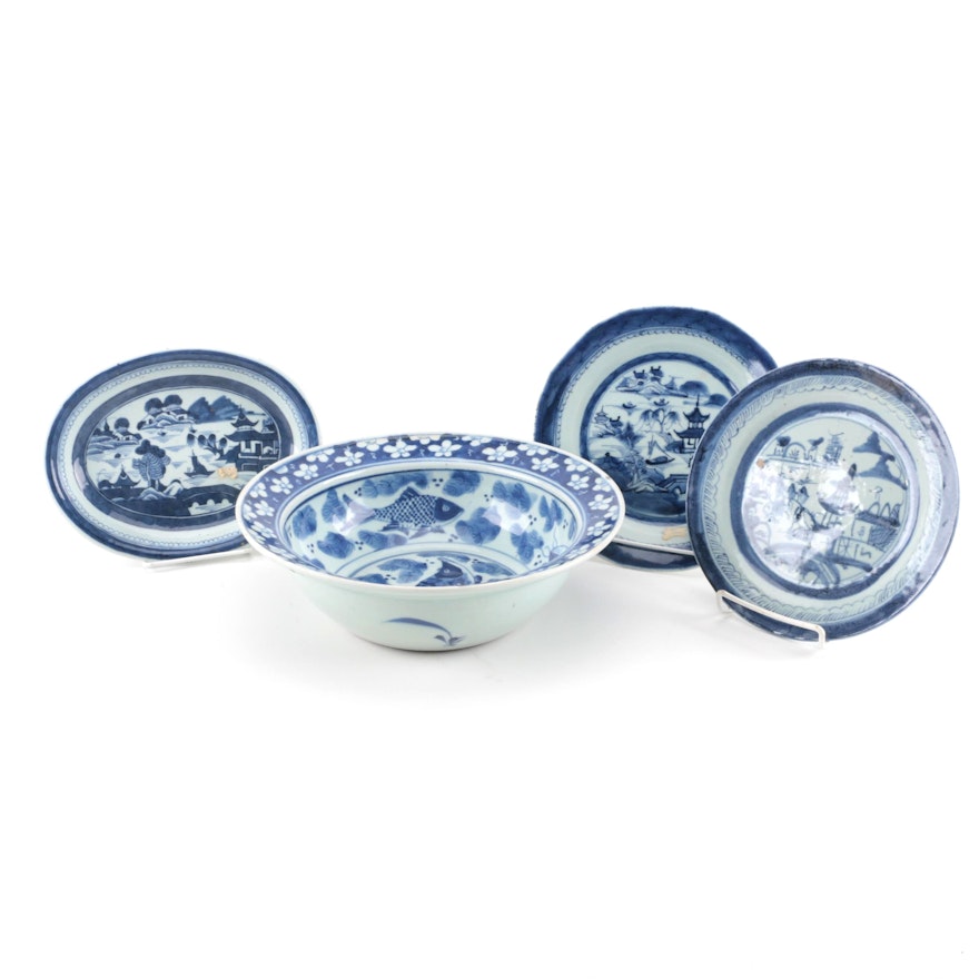 Selection of Blue and White Asian Pieces including Canton